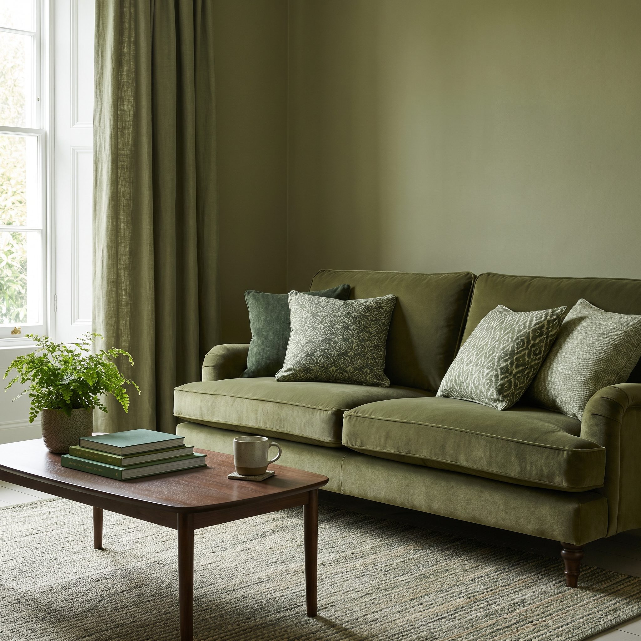 Olive-and-Moss Tonal Living Room Where Several Greens Build Depth Without a Single Accent Wall