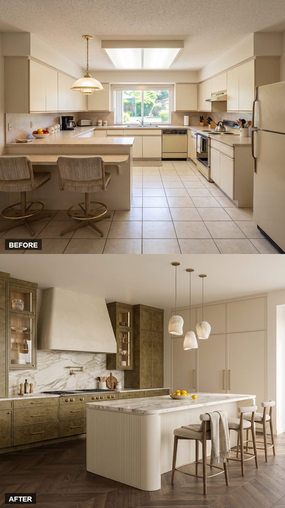 Olive burl wood kitchen with a cream marble island