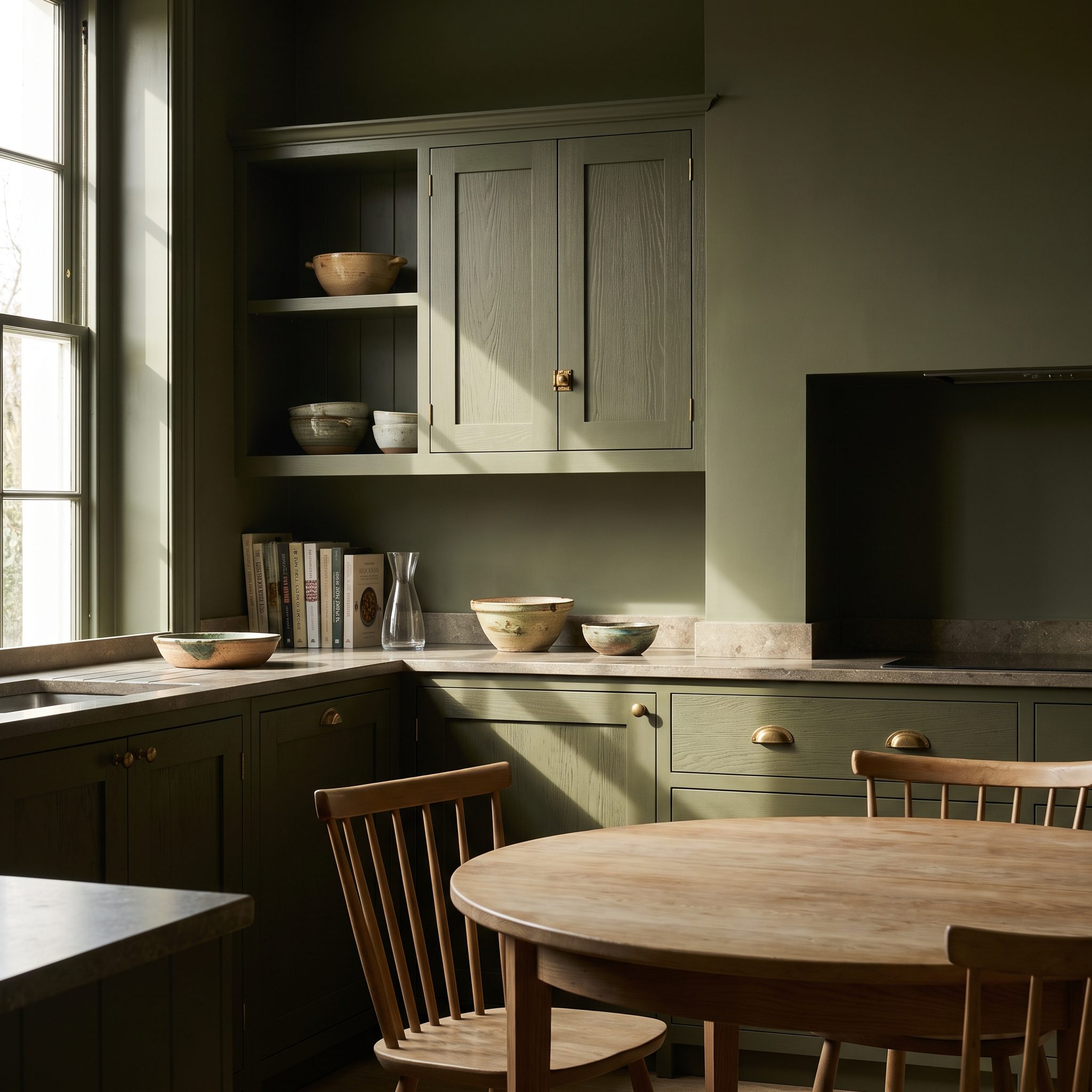 Olive Green Kitchen, Cabinetry and Architecture Become Part of the Same Palette