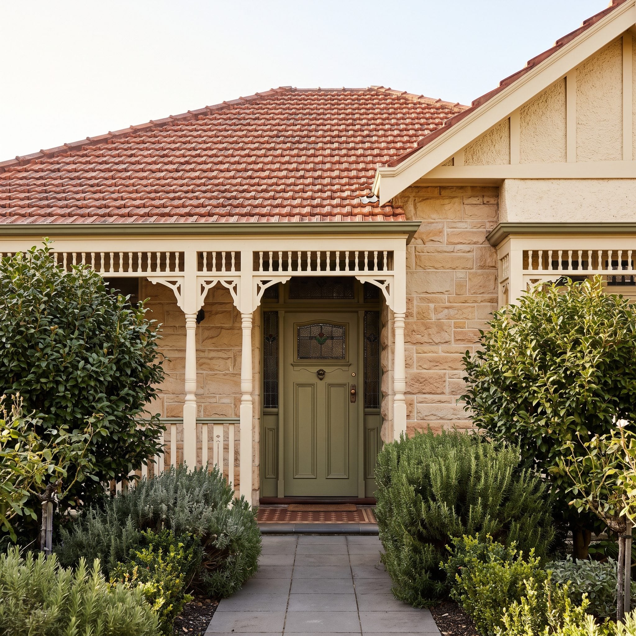 Olive-green front door on a sandstone house beneath a red clay-tile roof