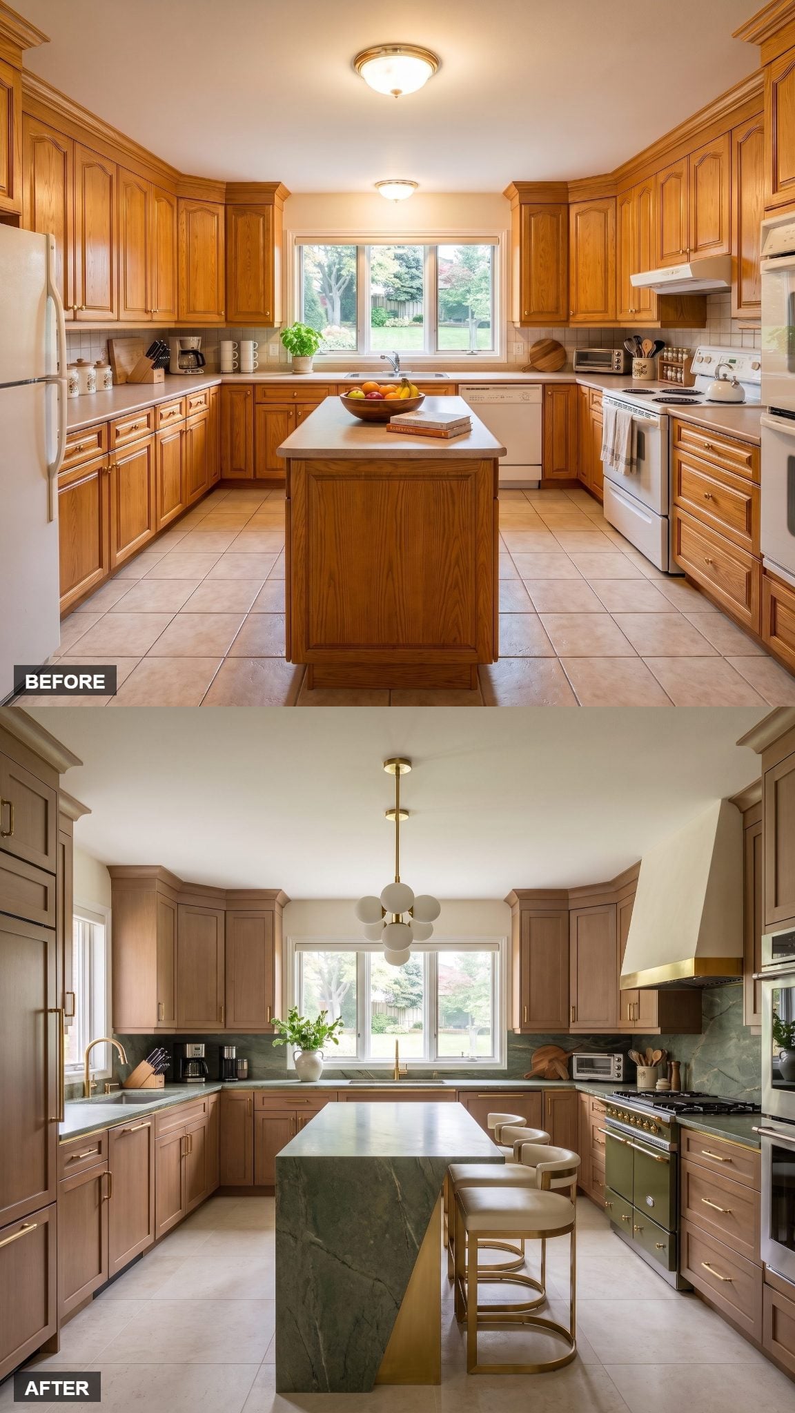 Oak kitchen with olive-green quartzite cooking wall and slim brass slab framing