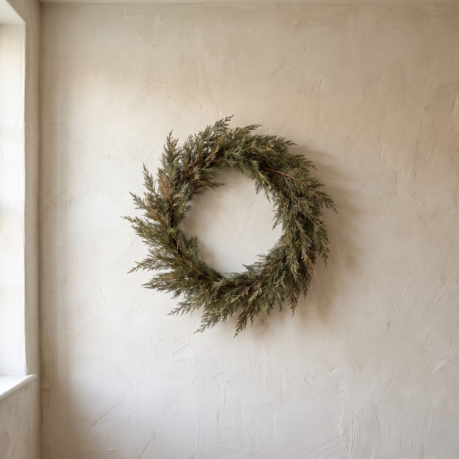 One Cedar Wreath Against an Unadorned Limewashed Wall