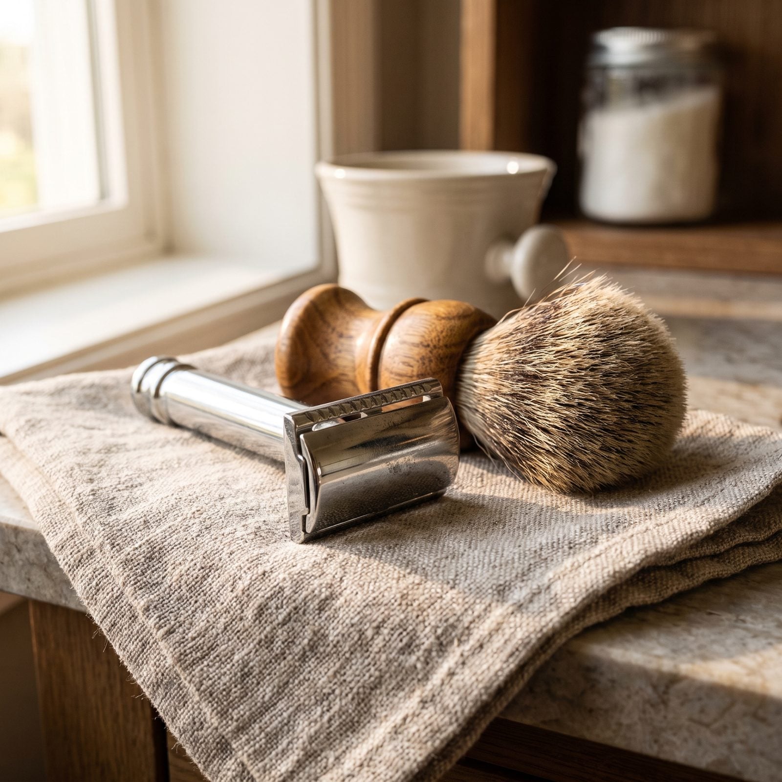 Bathroom shelf holding a chrome safety razor in a stand, a wooden-handled bristle brush, and a used bar of soap.