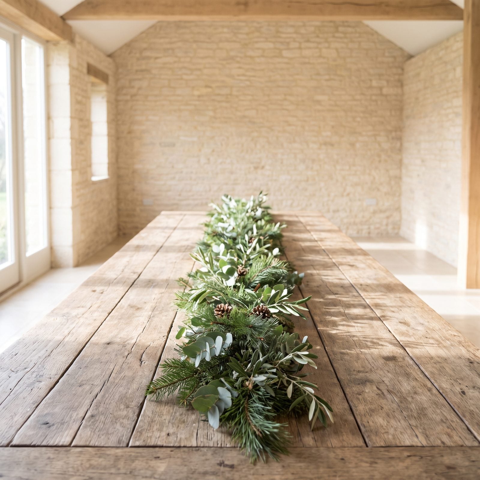 One Long Garland Down the Center of a Bare Farmhouse Table