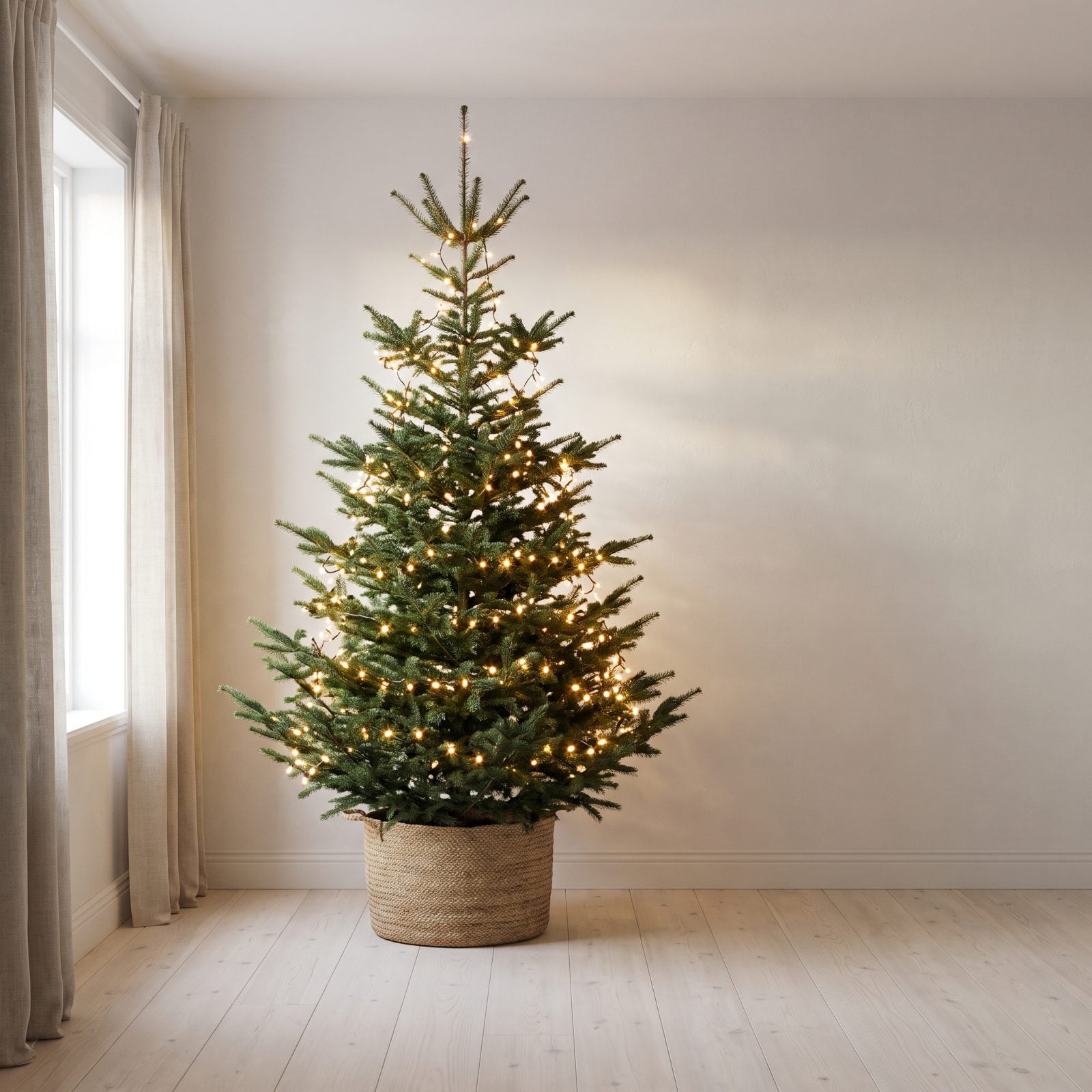 One Noble Fir With Warm White Lights and No Ornaments