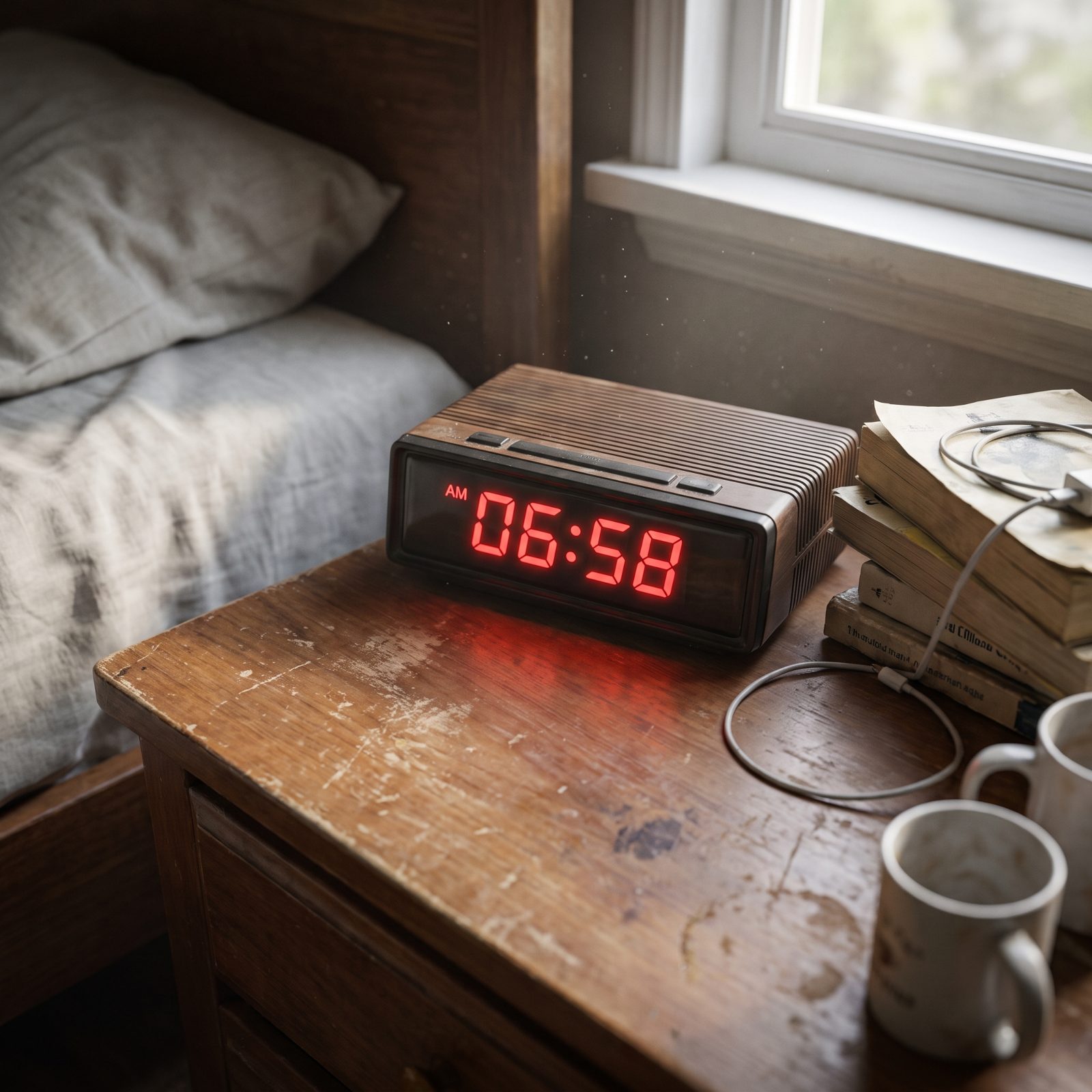 Bedroom with an alarm clock on a far dresser and a phone propped on a chair away from the bed.