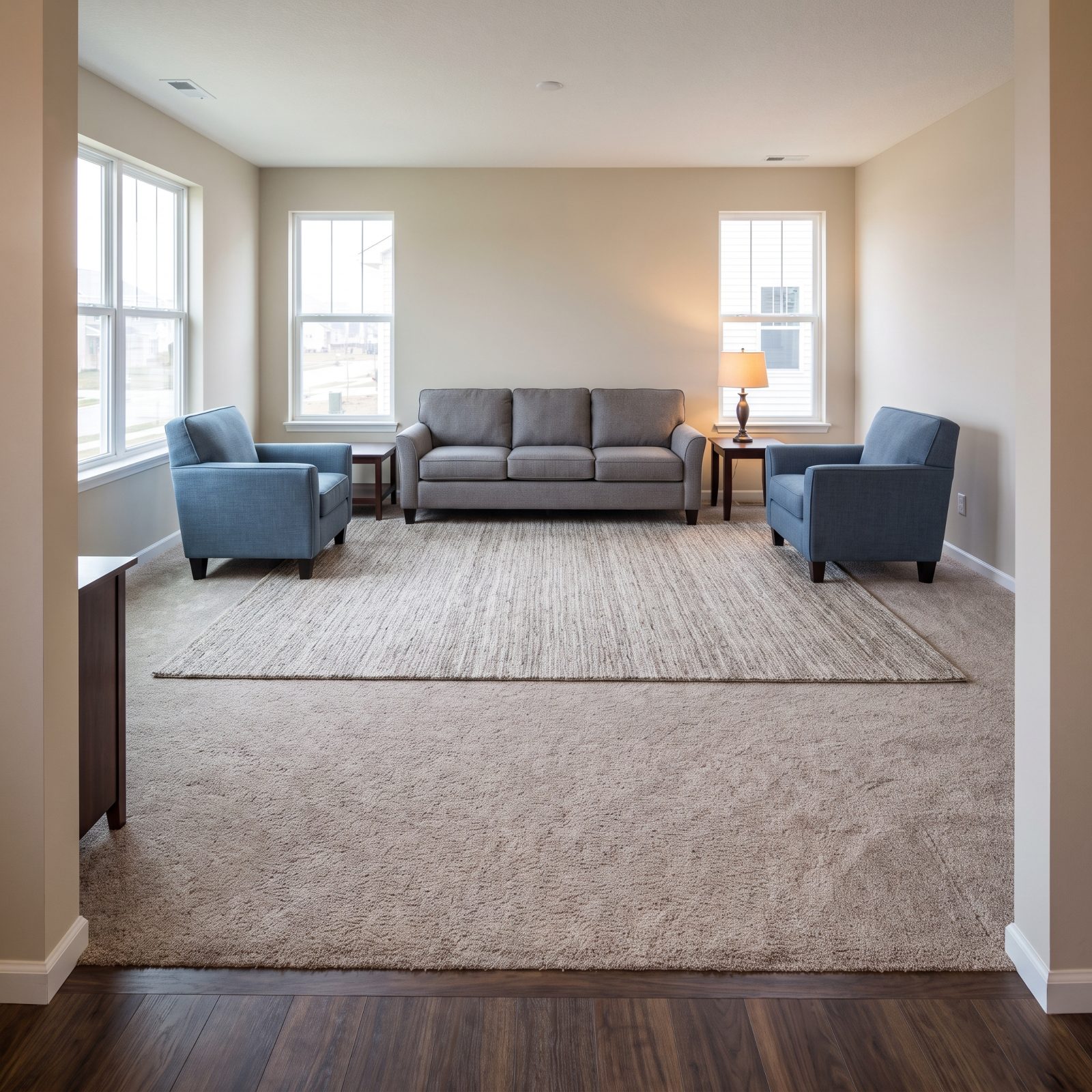Living room with a gray sofa against the far wall and two chairs backed into corners around an empty center.