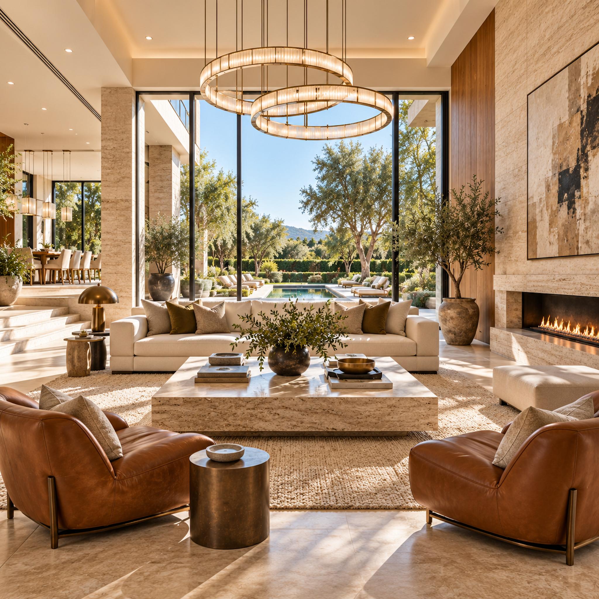 Ultra-luxe contemporary living room with one cream sofa and two cognac leather lounge chairs