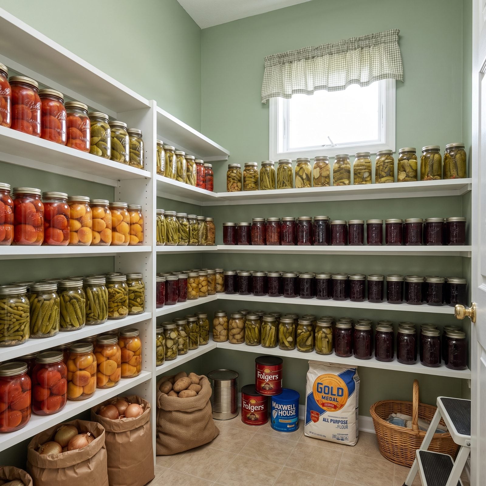 Open Shelves Lined With Home-Canned Jars and Pantry Overflow