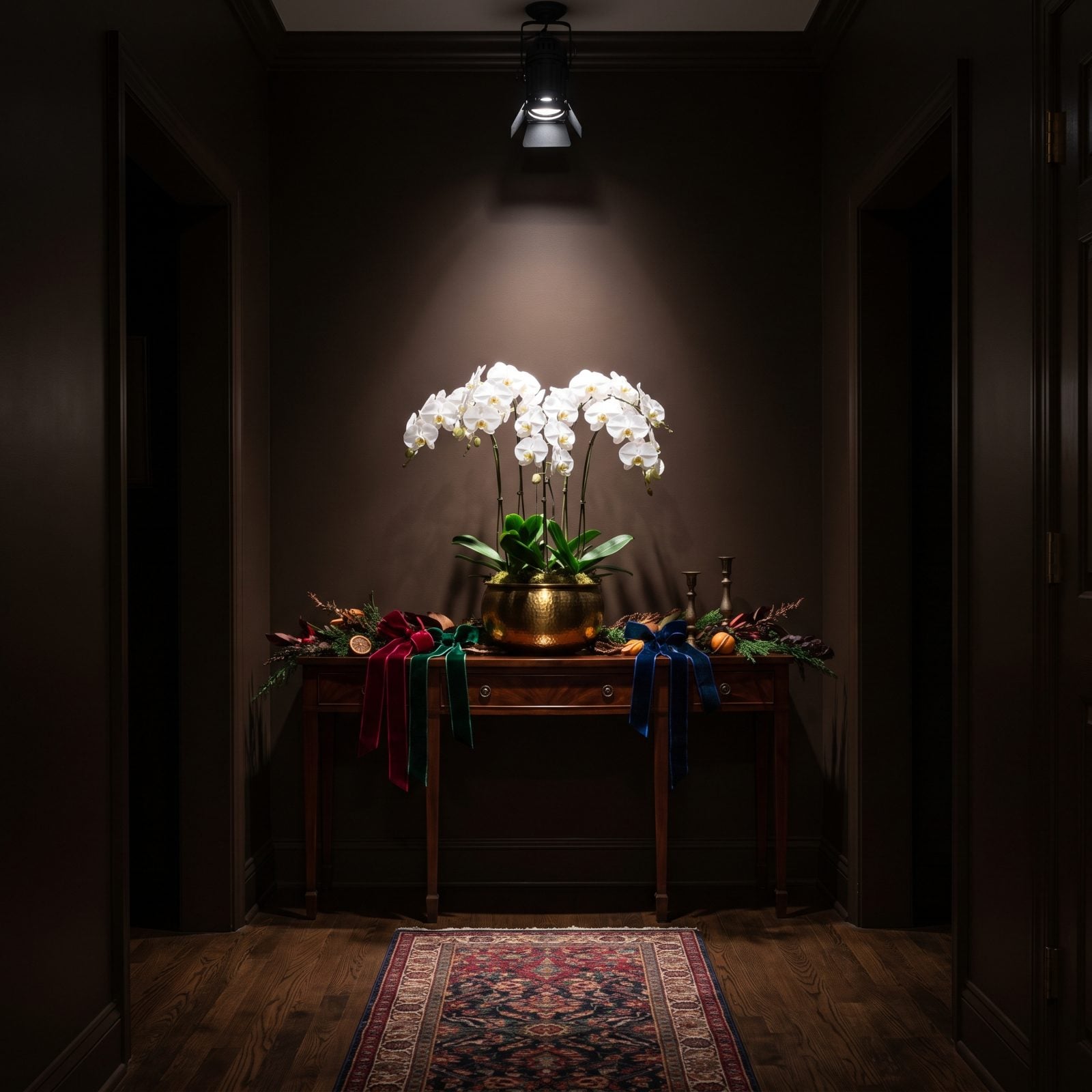 Orchid and Espresso: A Dramatic, Jewel-Toned Christmas Entryway