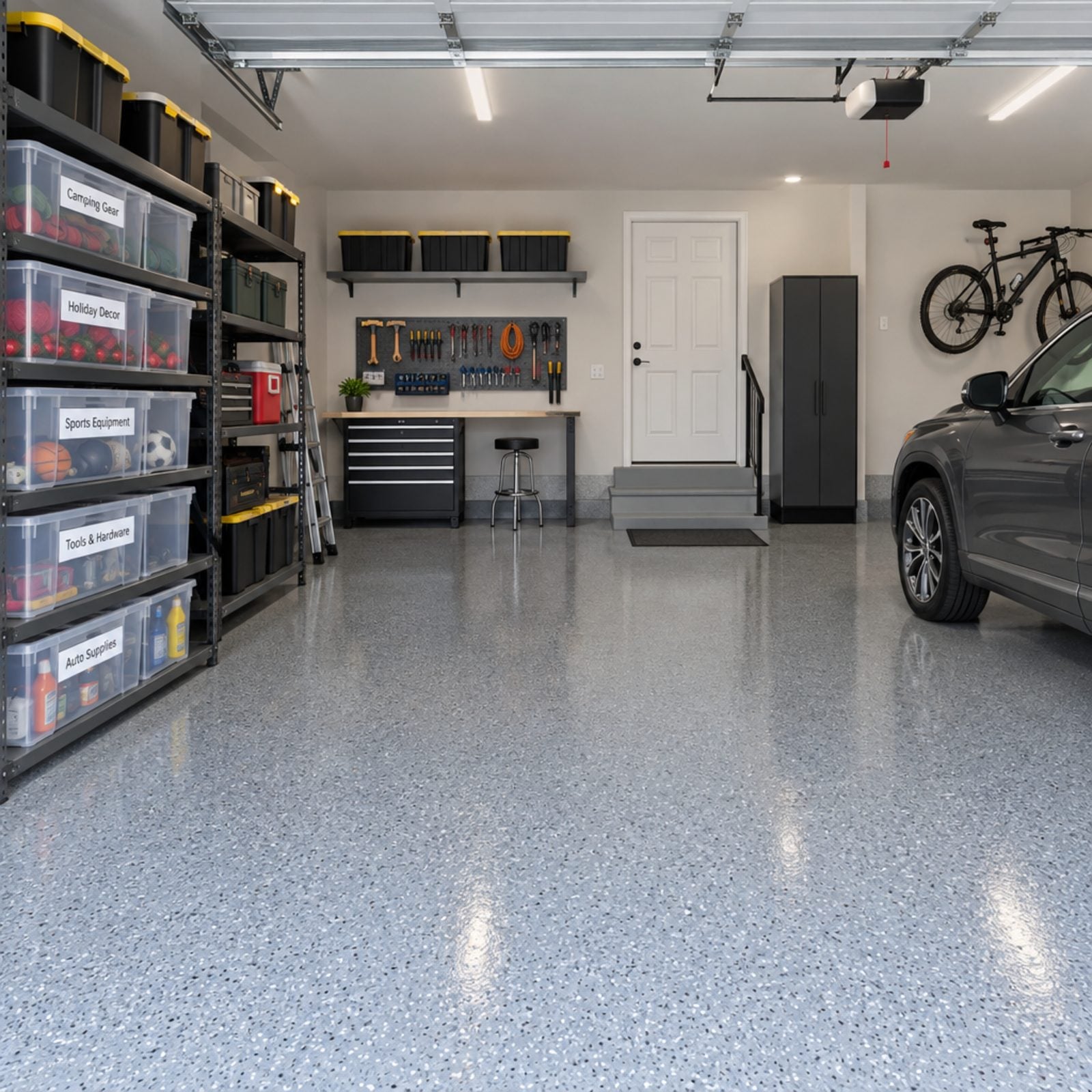An Organized Garage With a Finished Floor
