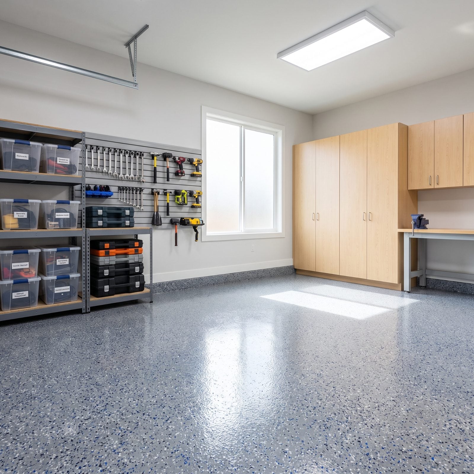 An Organized Garage With a Finished Floor
