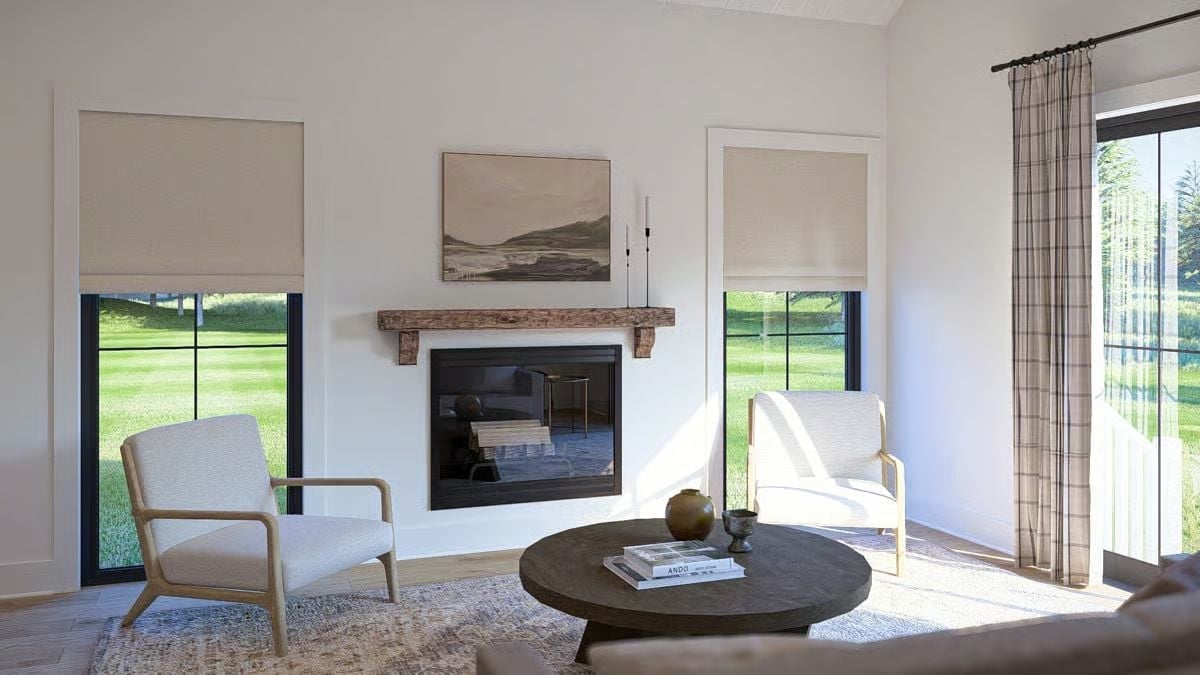 Roller Shades, a Raw Wood Mantel, and Chairs That Earn Their Place
