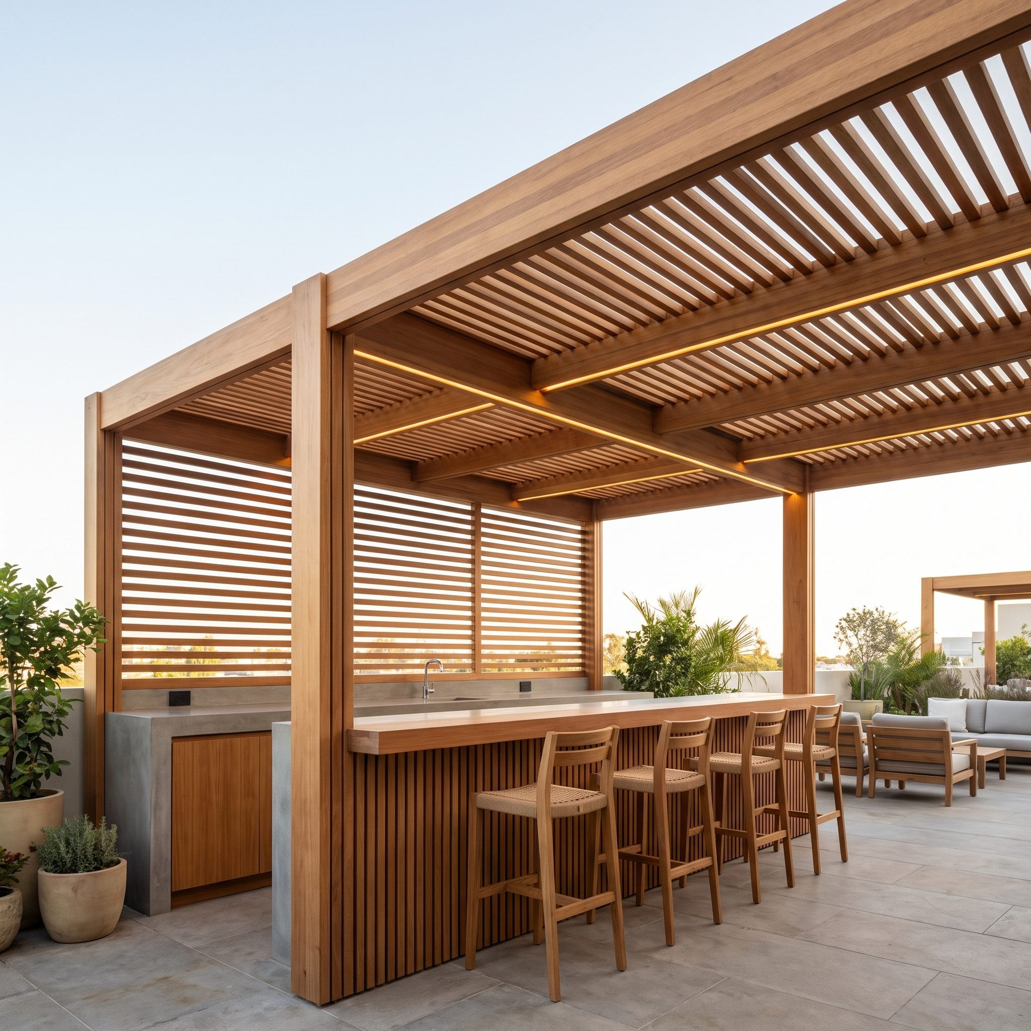 Timber-roofed outdoor bar pavilion with a stone island, four woven stools, brass pendants and a bluestone platform ending at the lawn