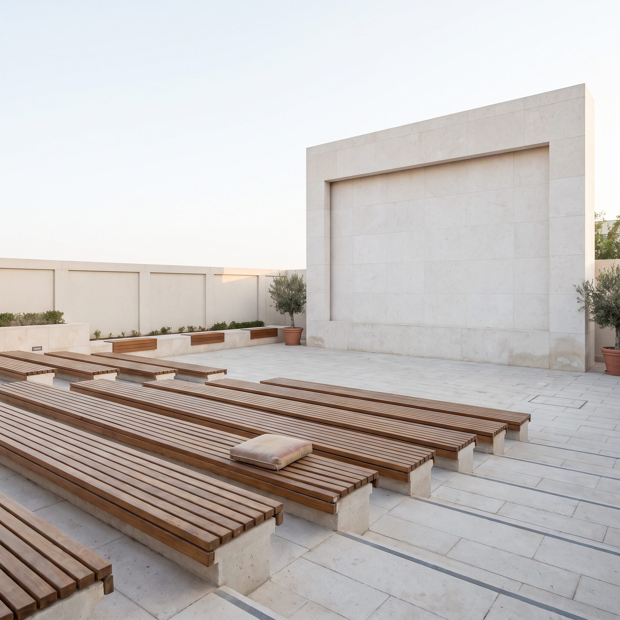 Outdoor cinema with a smooth stucco projection wall, a deep sectional and a raised planter closing the rear of the seating area