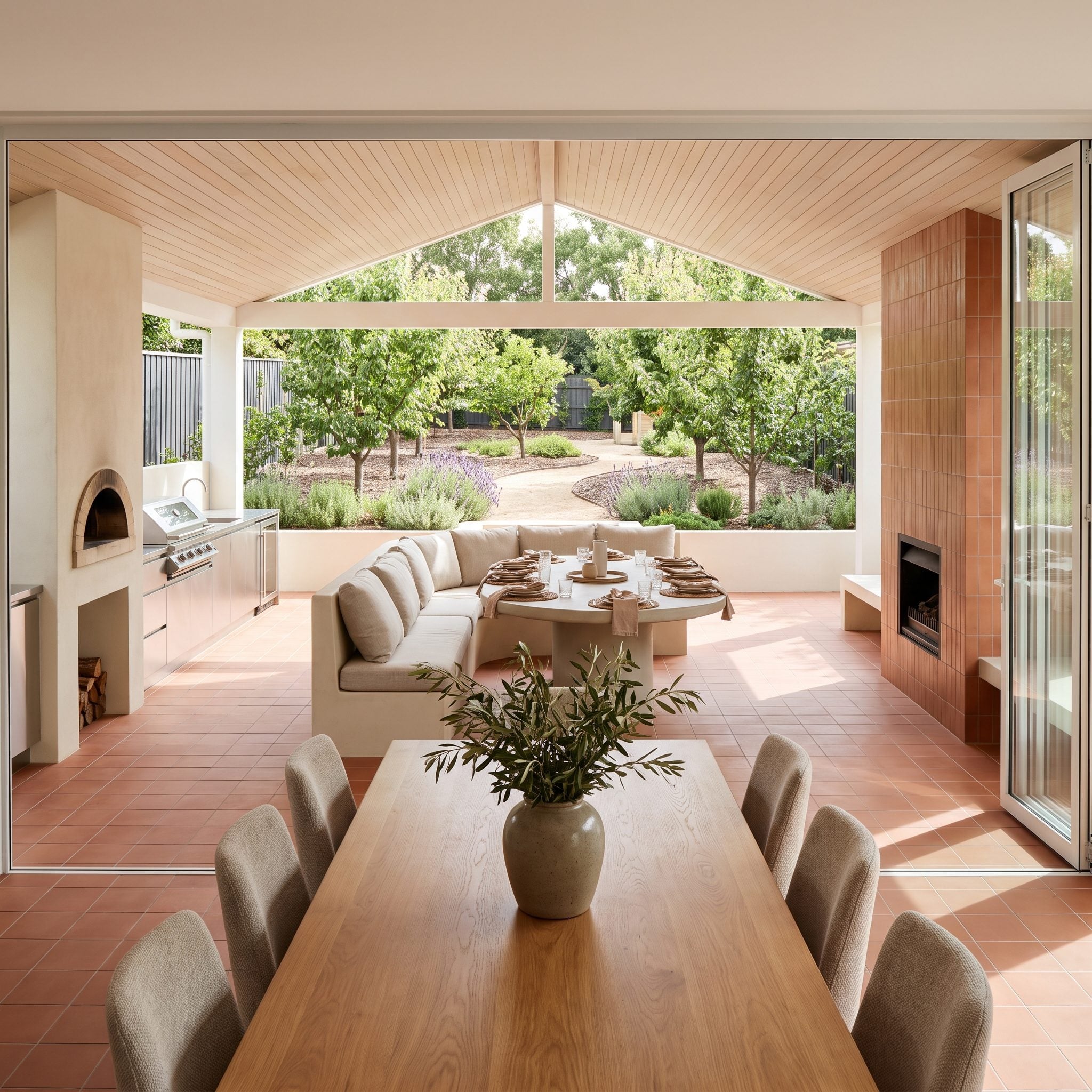 Contemporary dining room opening through folding glass doors to a covered outdoor dining room with a crescent banquette facing an orchard