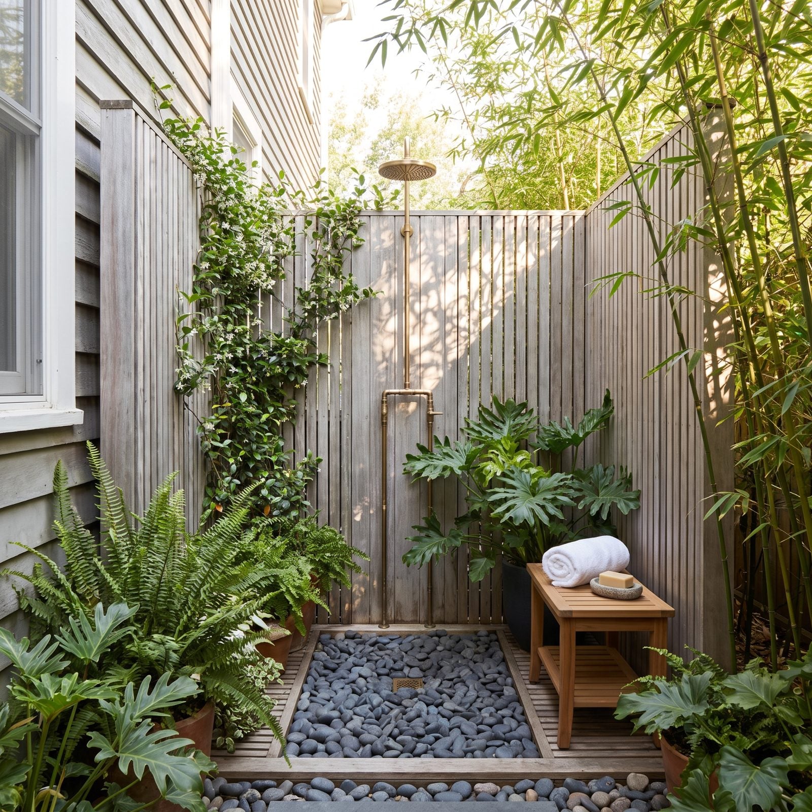 Outdoor Shower Tucked Into a Planted Alcove