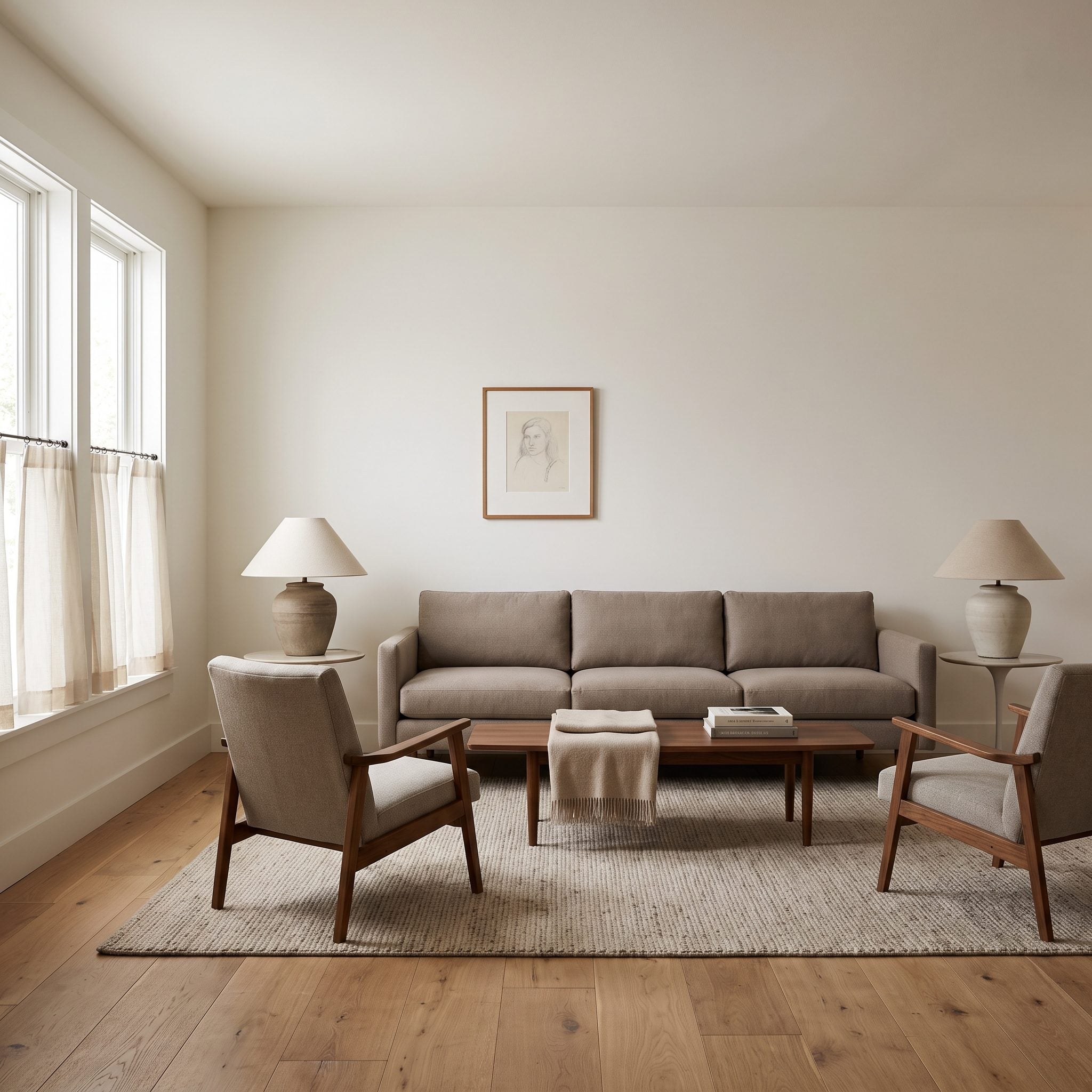 Taupe sofa beneath one small narrow-framed drawing with broad empty wall on either side.