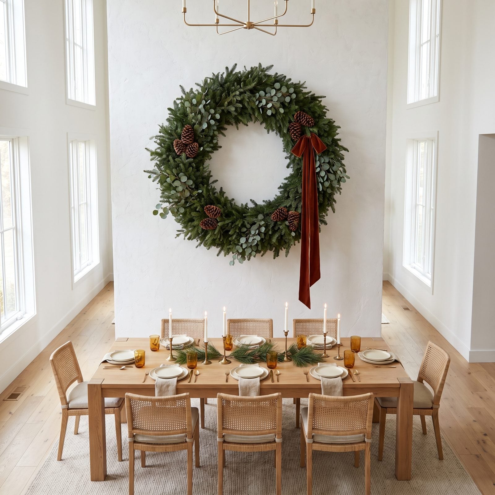 An Oversized Wreath Owns This Double-Height Dining Room