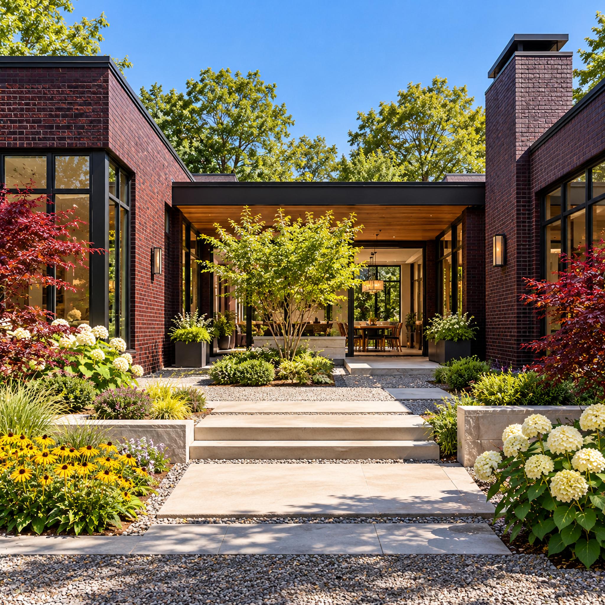 Low contemporary courtyard home clad in deep oxblood brick with black-framed glazing, a sheltered central passage, and colorful gardens.