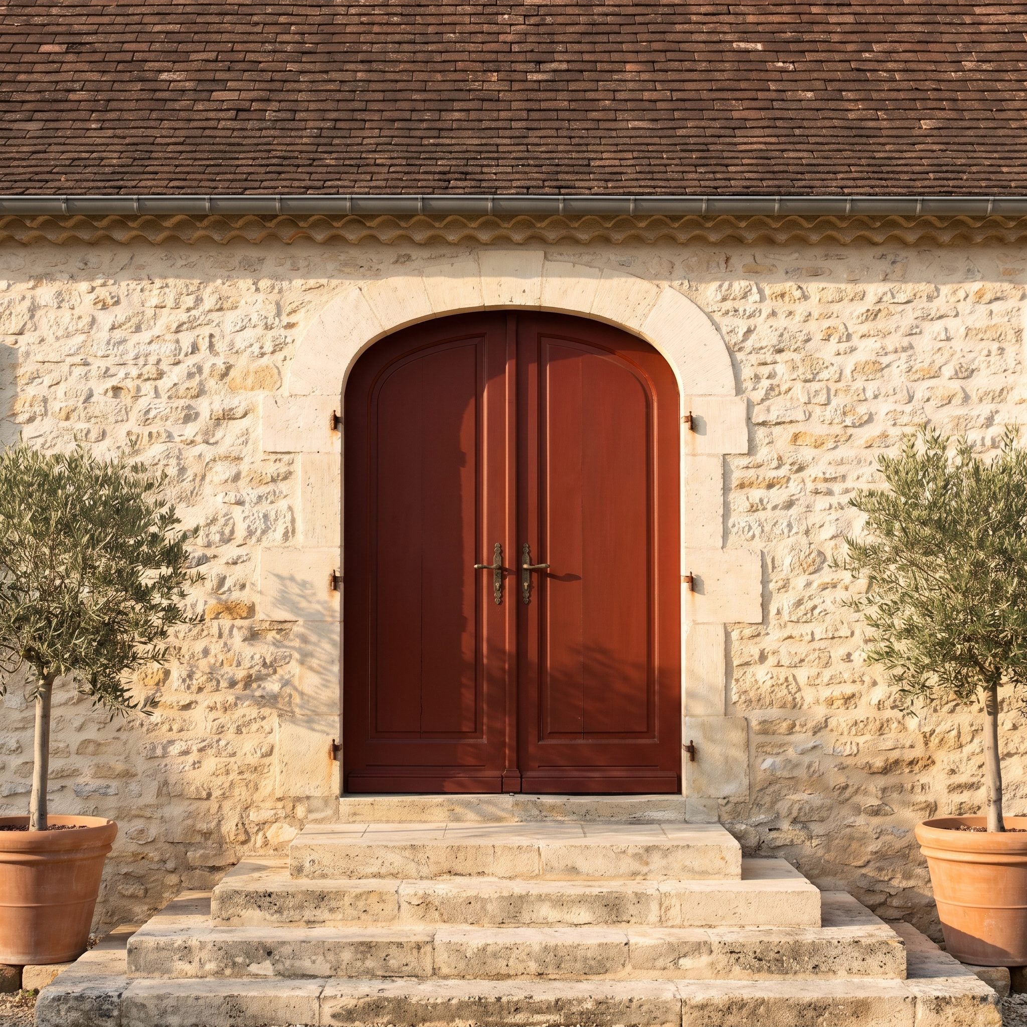 Oxblood front door framed by pale limestone and warm clay roof tiles