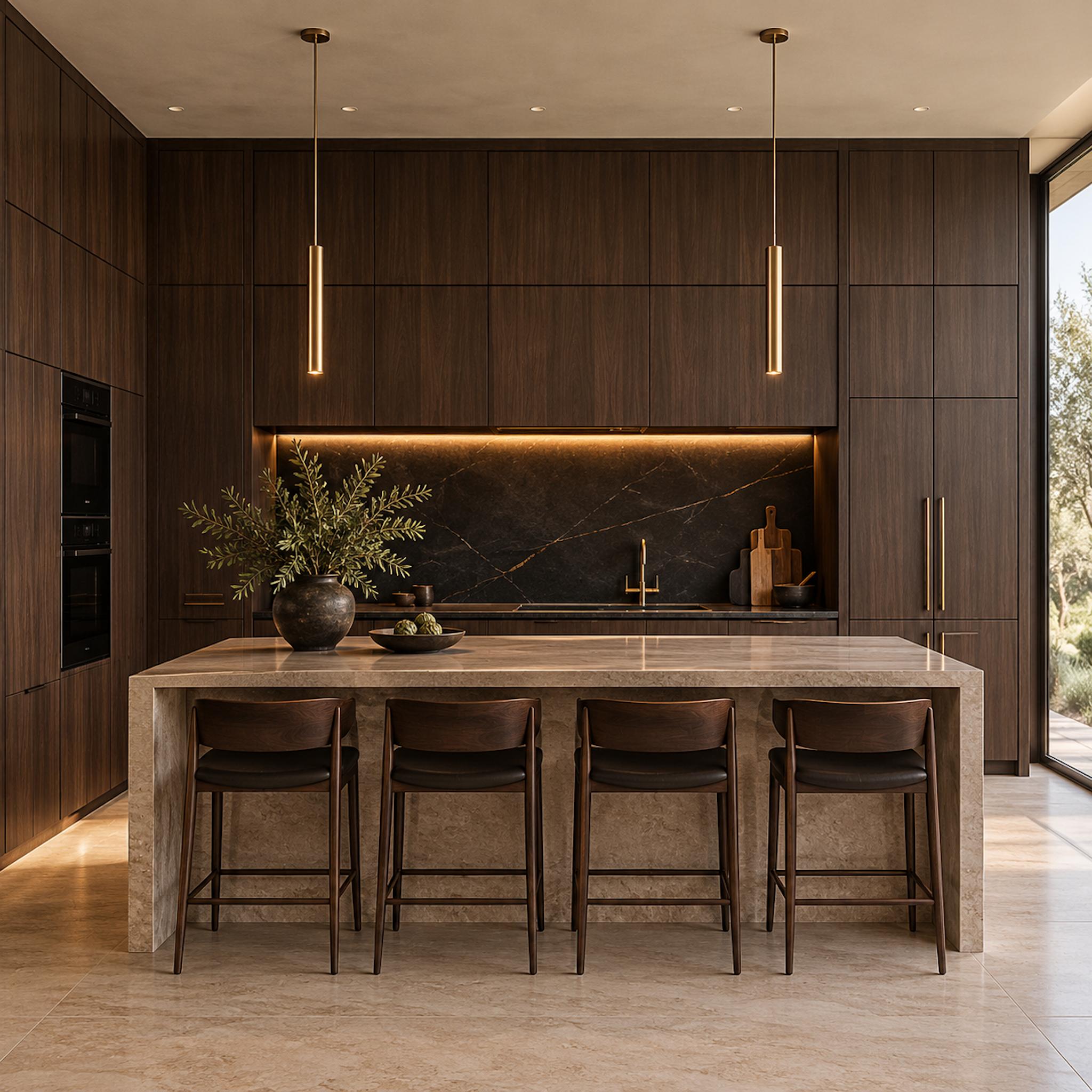 Oxblood-brown contemporary kitchen with full-height flush cabinetry, pale limestone island, black stone backsplash, brass pendant lights, and garden glazing