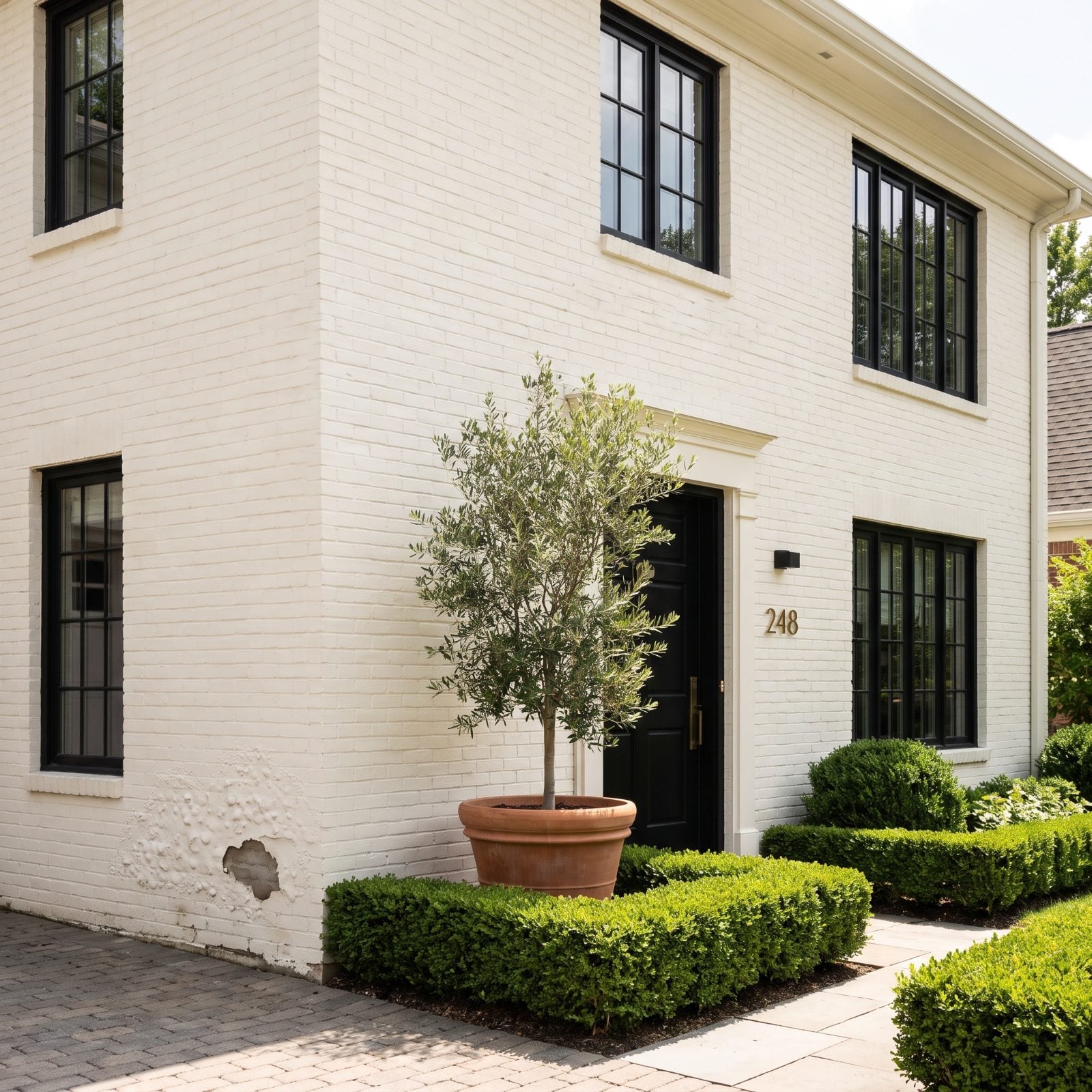 White painted-brick home facade with black windows showing faint paint bubbling and flaking near the foundation mortar