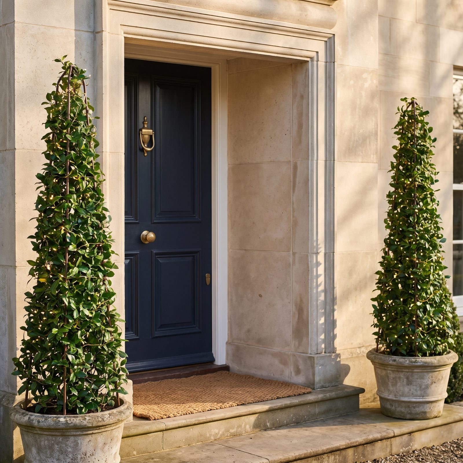 A Pair of Lighted Obelisks Climbing With Ivy