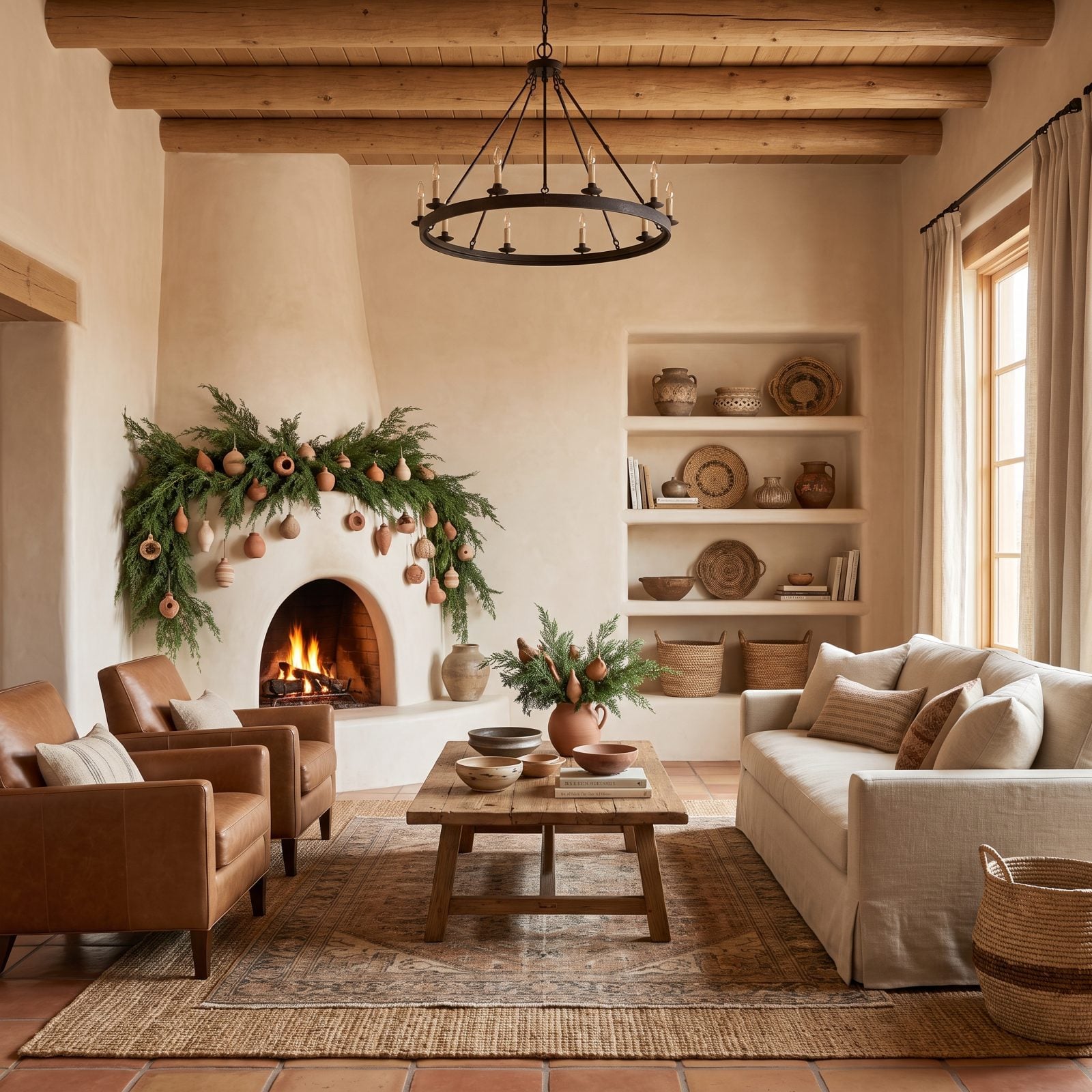 Pale Adobe Room with Juniper and Hand-Thrown Clay Ornaments