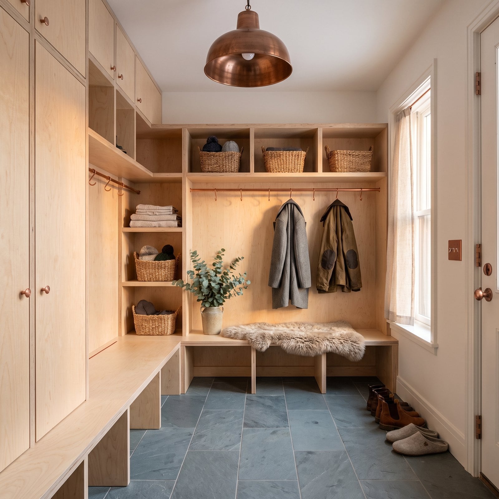 Pale Birch Plywood Wraps a Scandinavian Entry From Floor to Ceiling