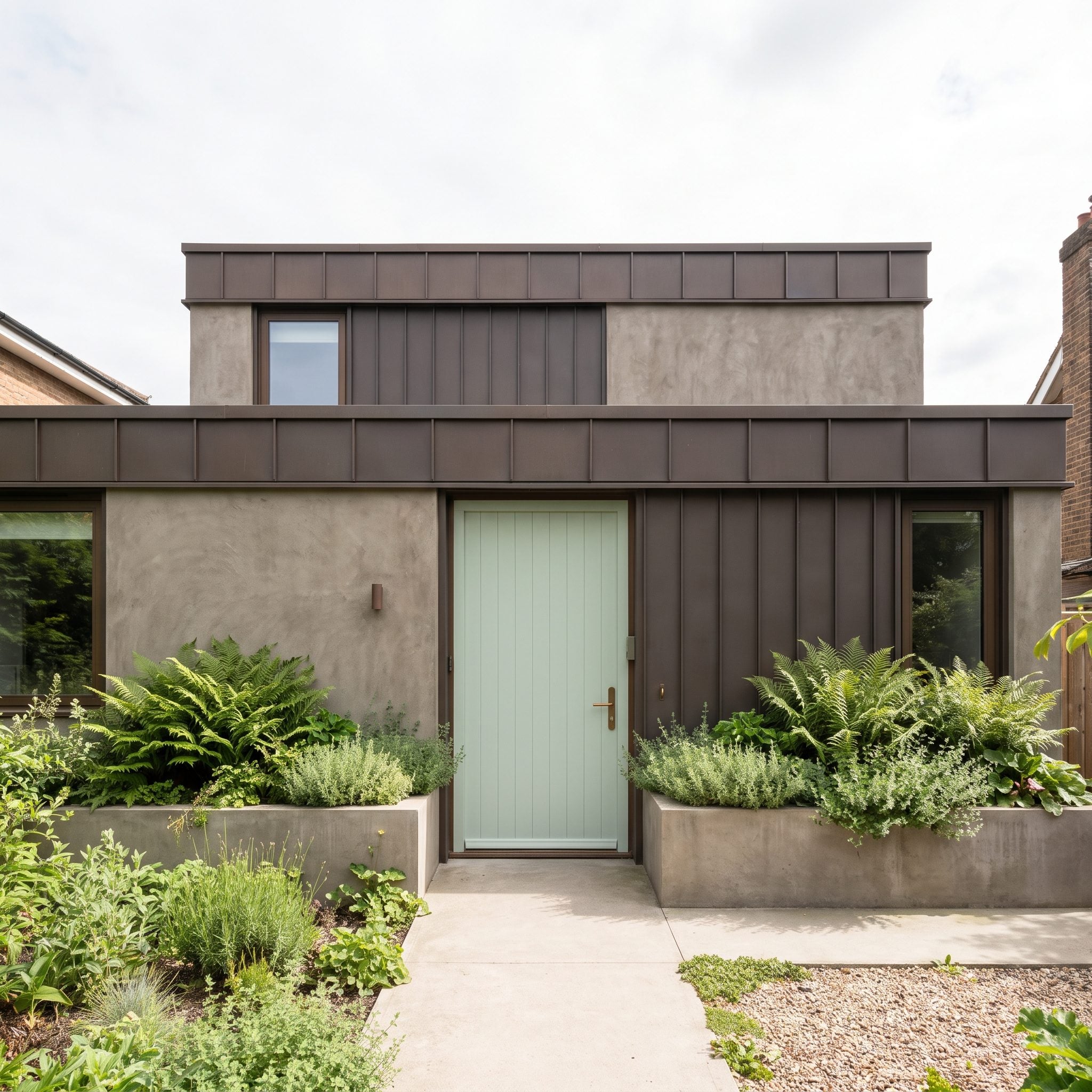 Pale-celadon front door contrasting with dark bronze contemporary cladding