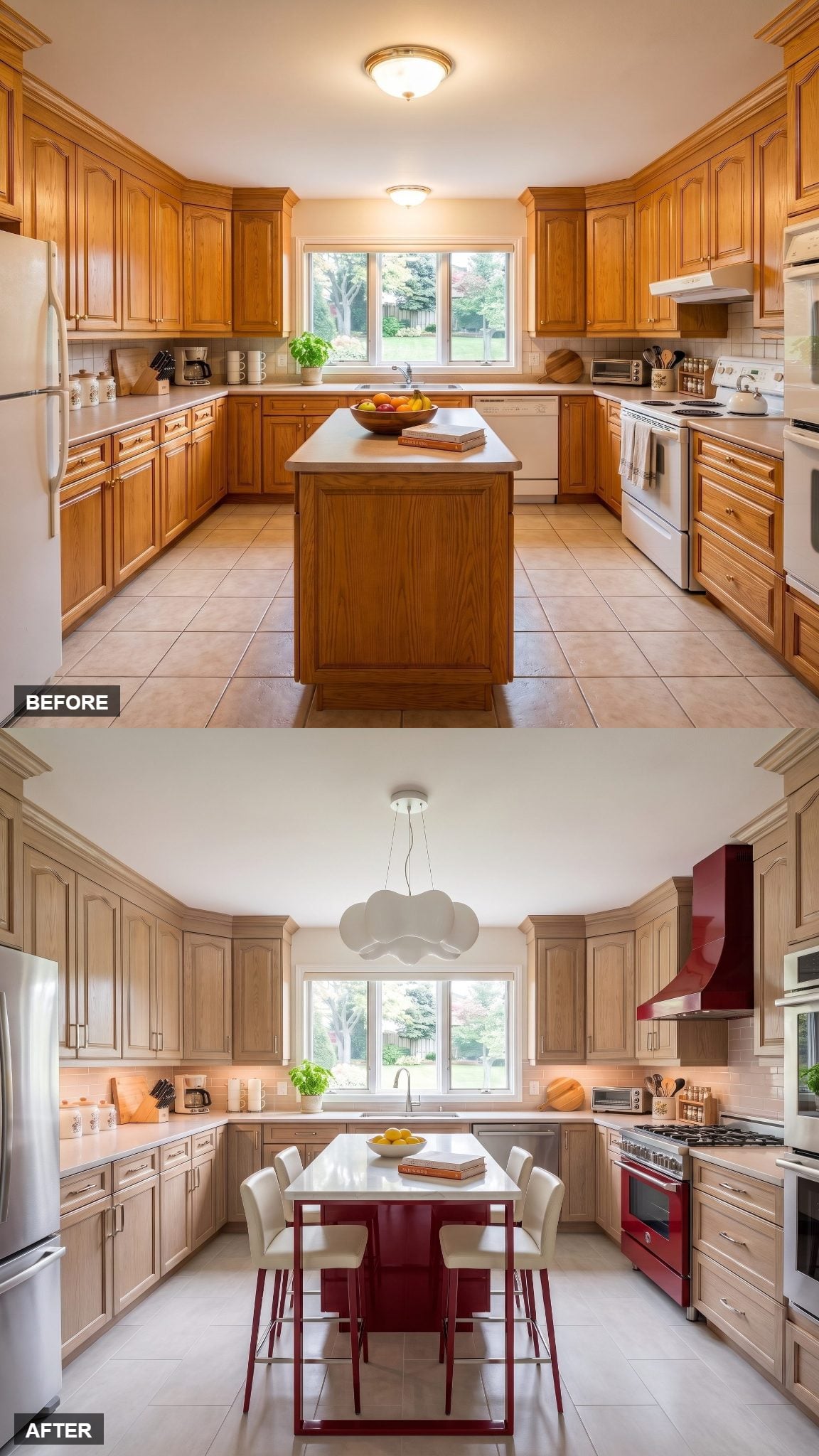 Pale oak kitchen with high-gloss crimson lacquer island ends and white quartzite