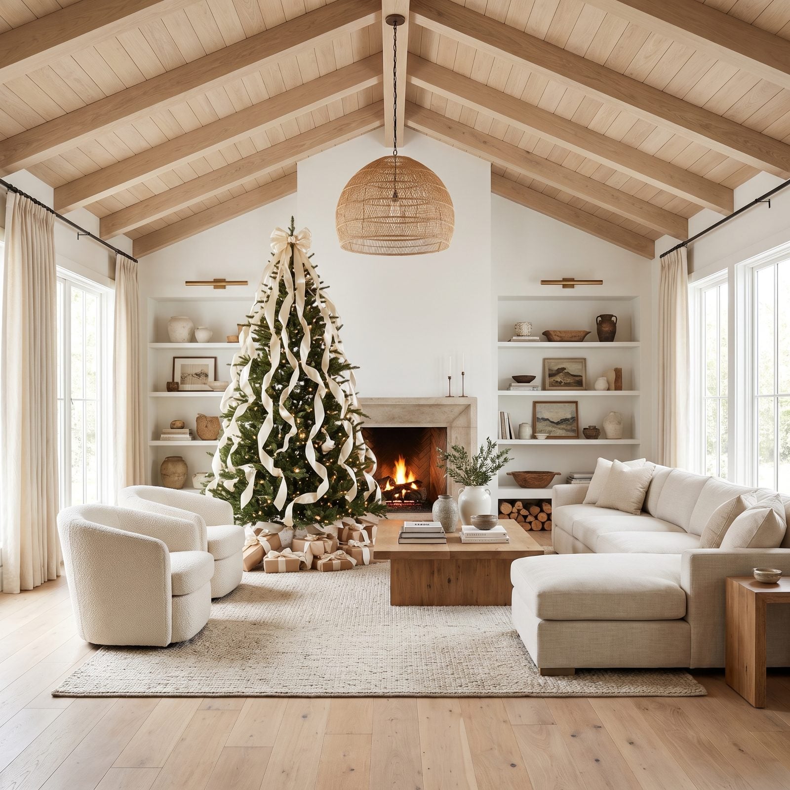 A Pale Oak Great Room With Cream Ribbons Cascading Down the Tree