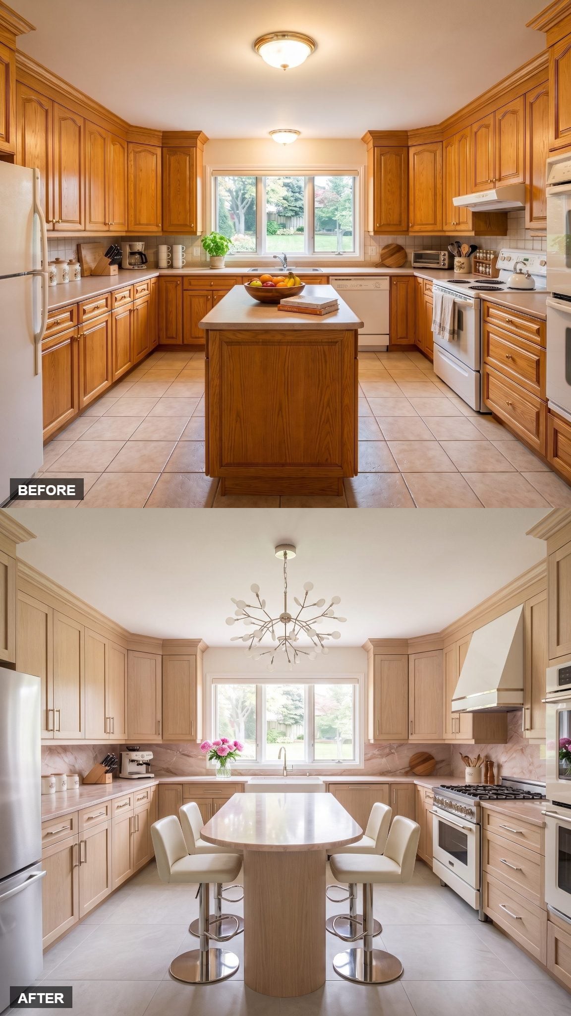 Pale oak kitchen with bookmatched rose marble backsplash and polished nickel detailing