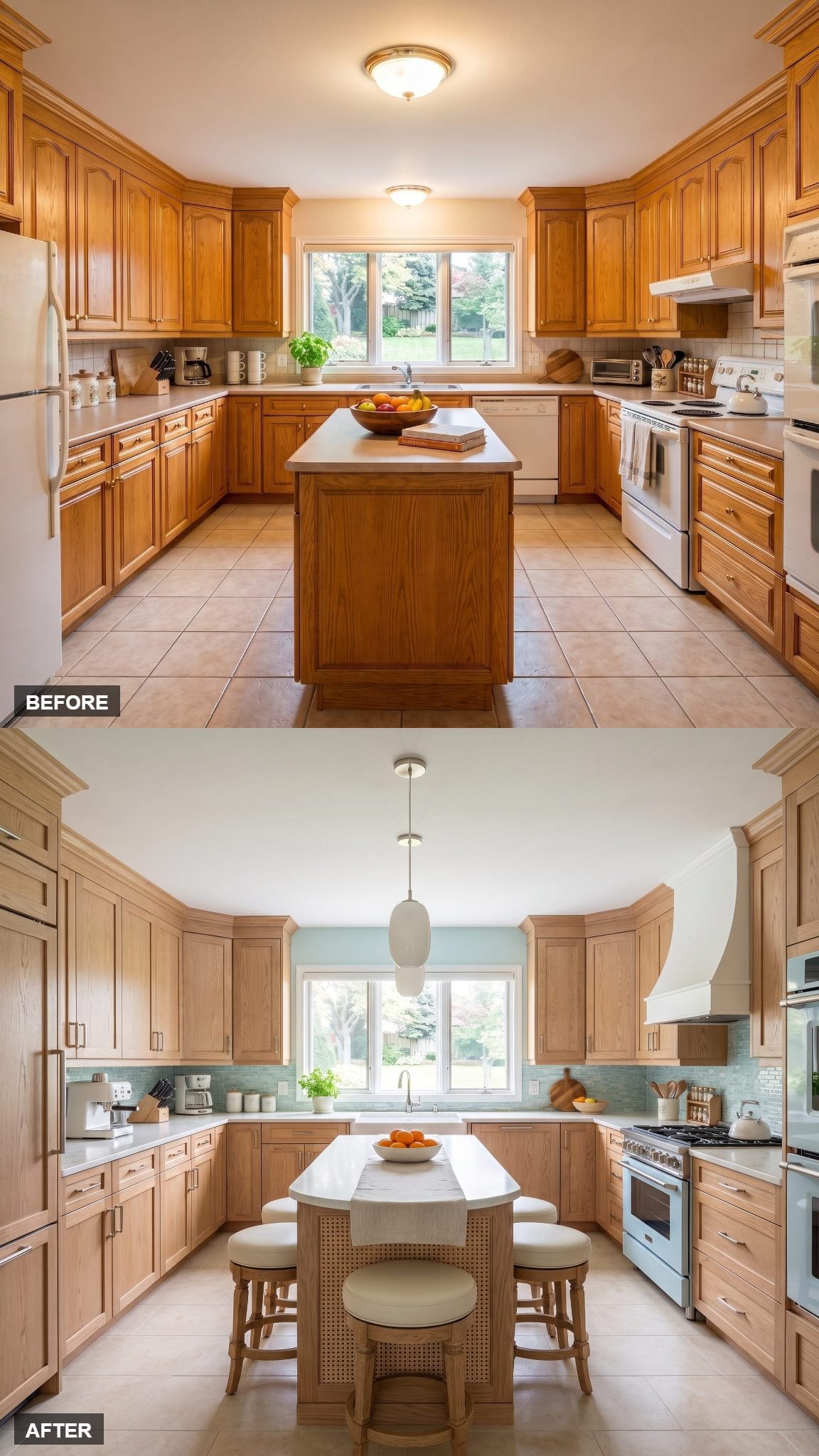 Pale oak kitchen with aqua sea-glass backsplash, pearl glass, and cane island inserts
