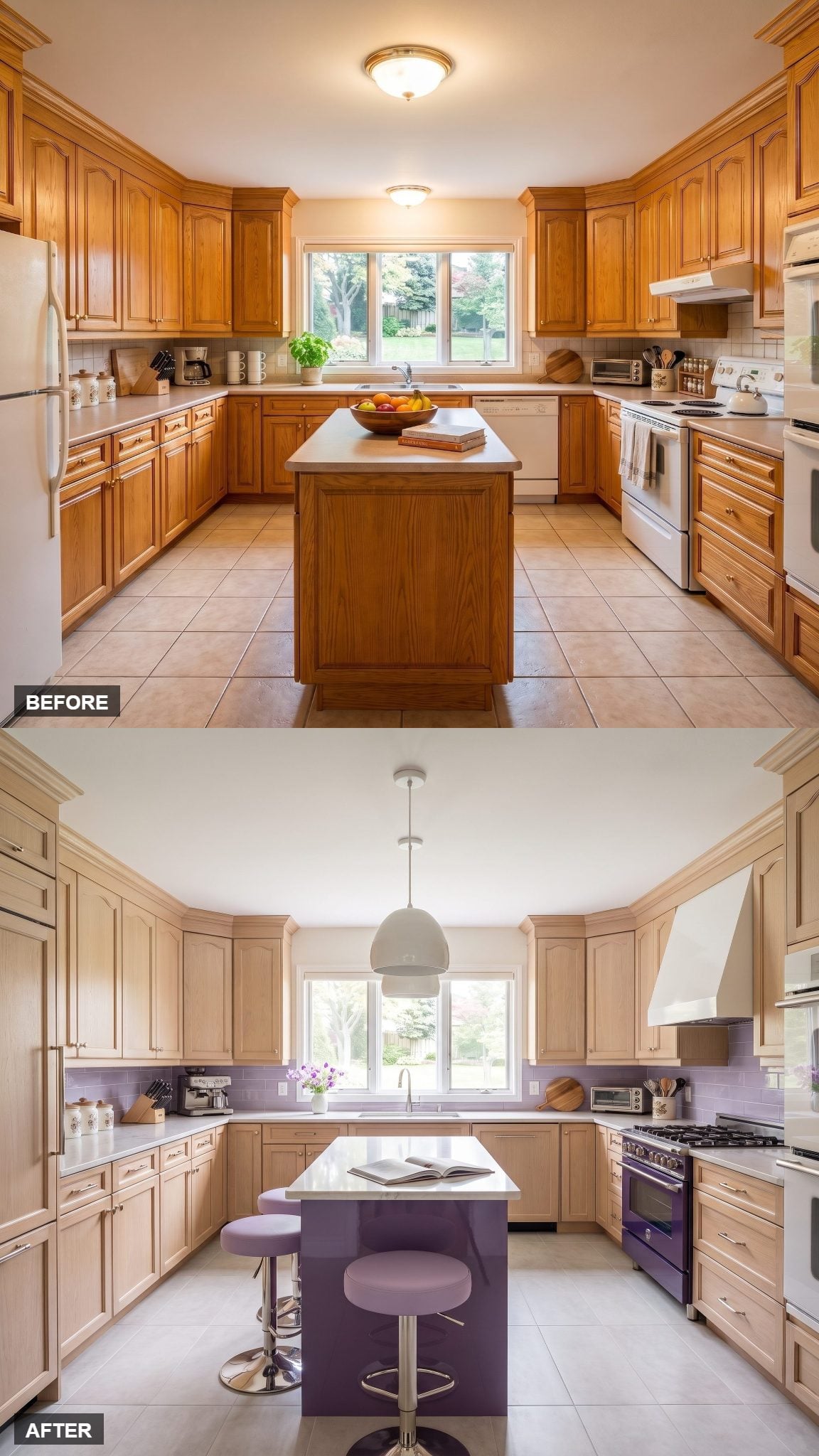 Pale oak kitchen with deep violet range, lilac glazed backsplash, and pearl-white stone