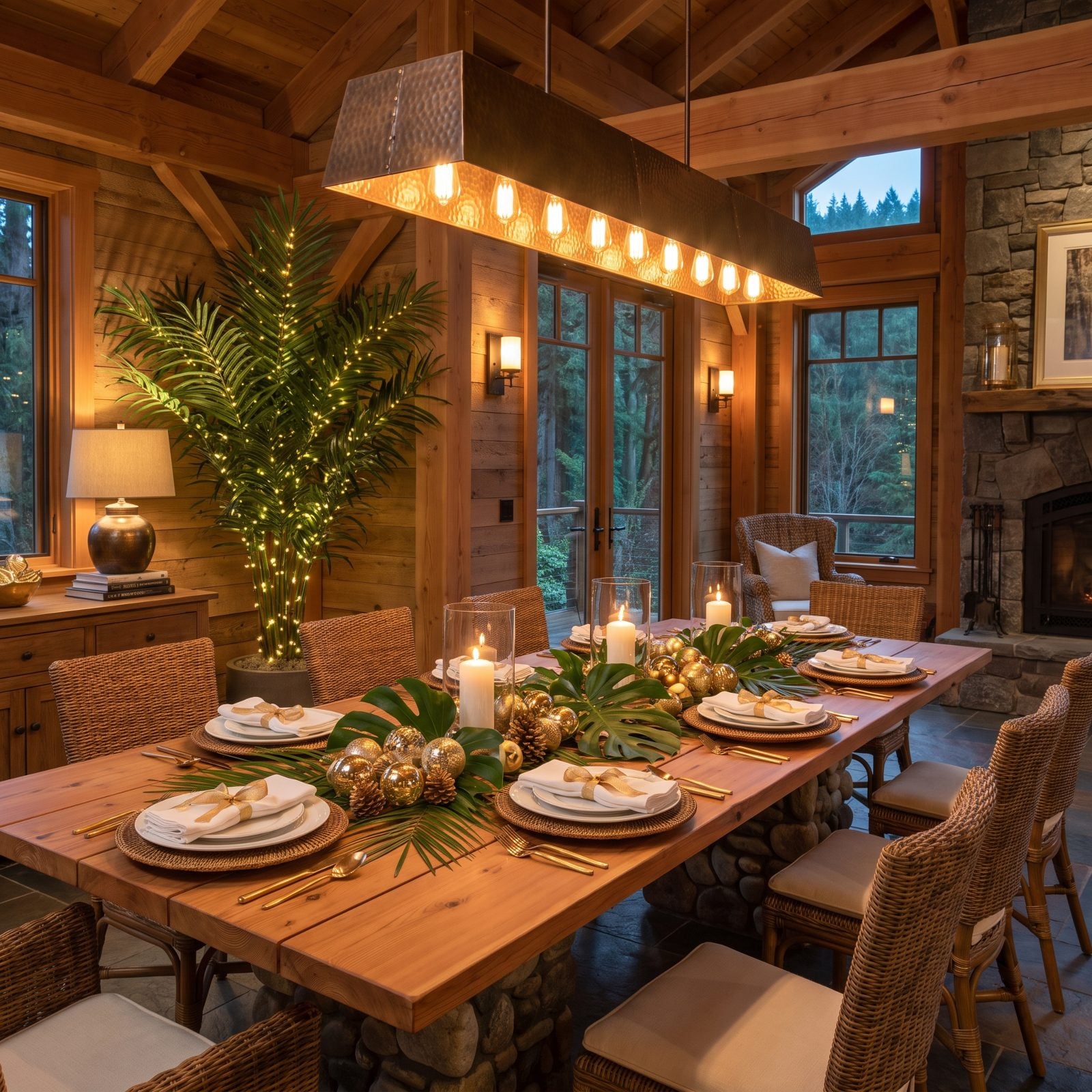 Palm Fronds and Gold Ornaments Make a Tropical Christmas Table