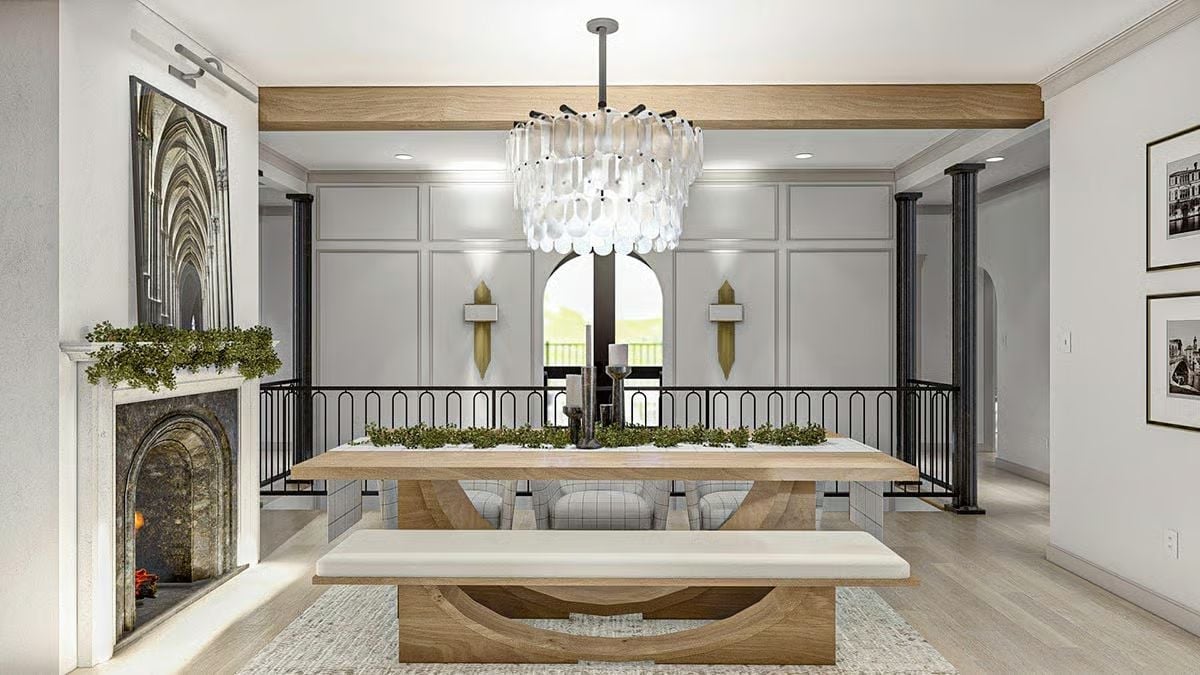 Capella Shell Chandelier and Wood Beam Pull the Eye Straight Up