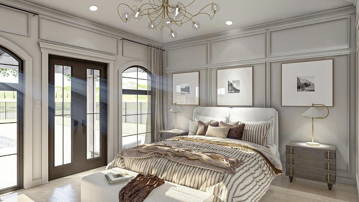 Gold Brass Accents and Paneled Walls That Make a Bedroom Feel Like a Suite