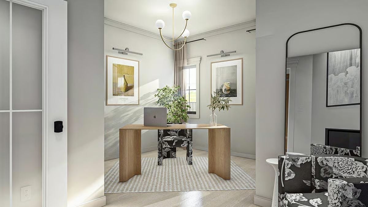 Gold Chandelier and a Floral Chair That Anchor a Home Office Worth Sitting In