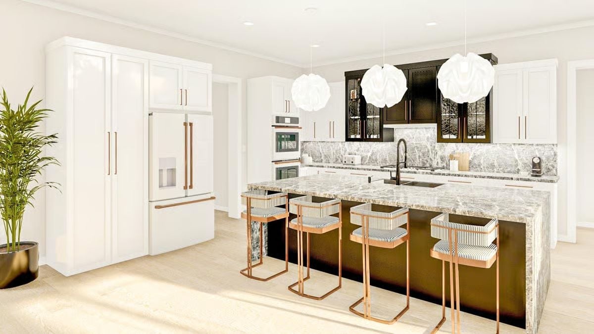 Copper-Frame Barstools and a Waterfall Island Built for the Long Dinner
