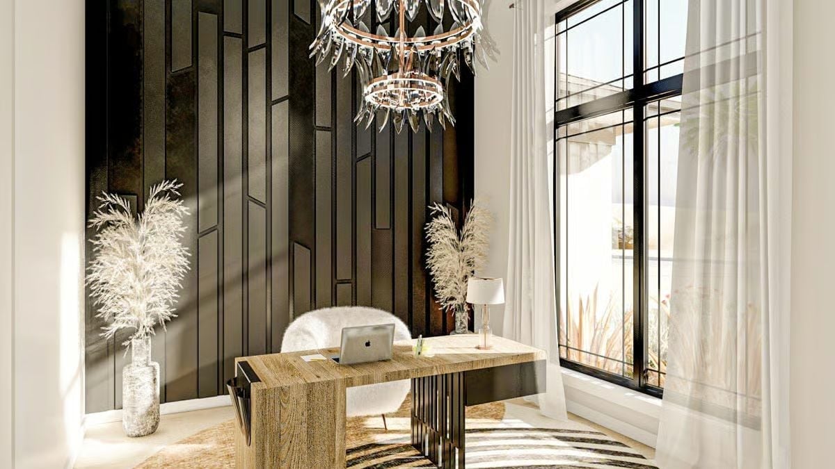 Crystal Chandeliers and a Wood Desk Built for Someone Who Works With the Door Closed