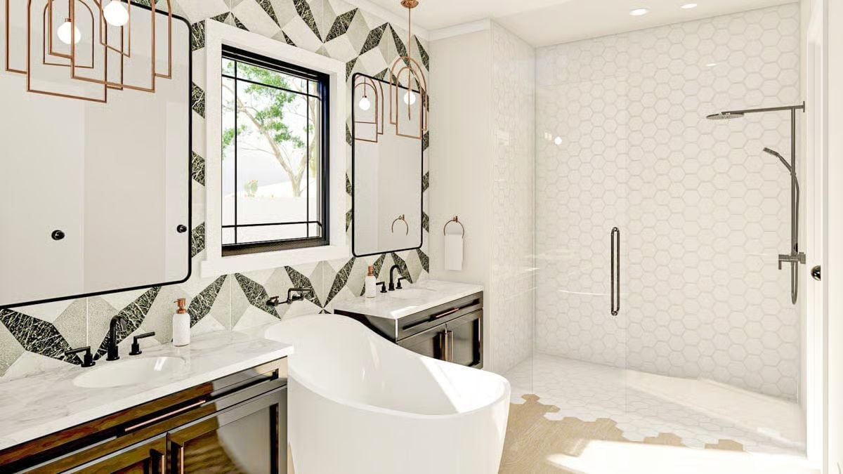 Hexagonal Shower Tile and a Freestanding Tub Built for Two Very Different Moods