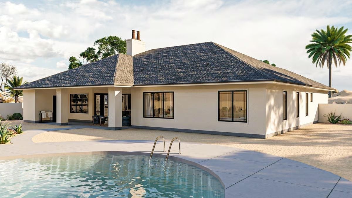 Pool-Side Stucco with Slate Roof and Black-Frame Windows That Mean Business