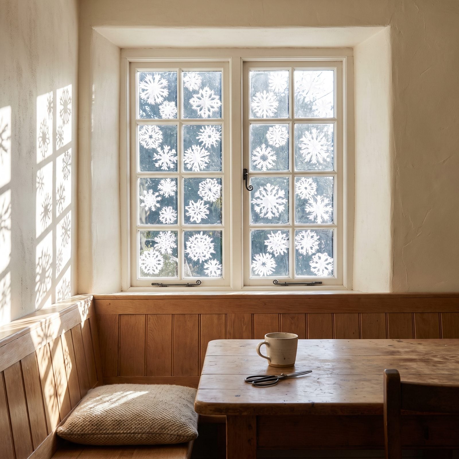 Paper Snowflakes Confined to a Single Breakfast-Nook Window
