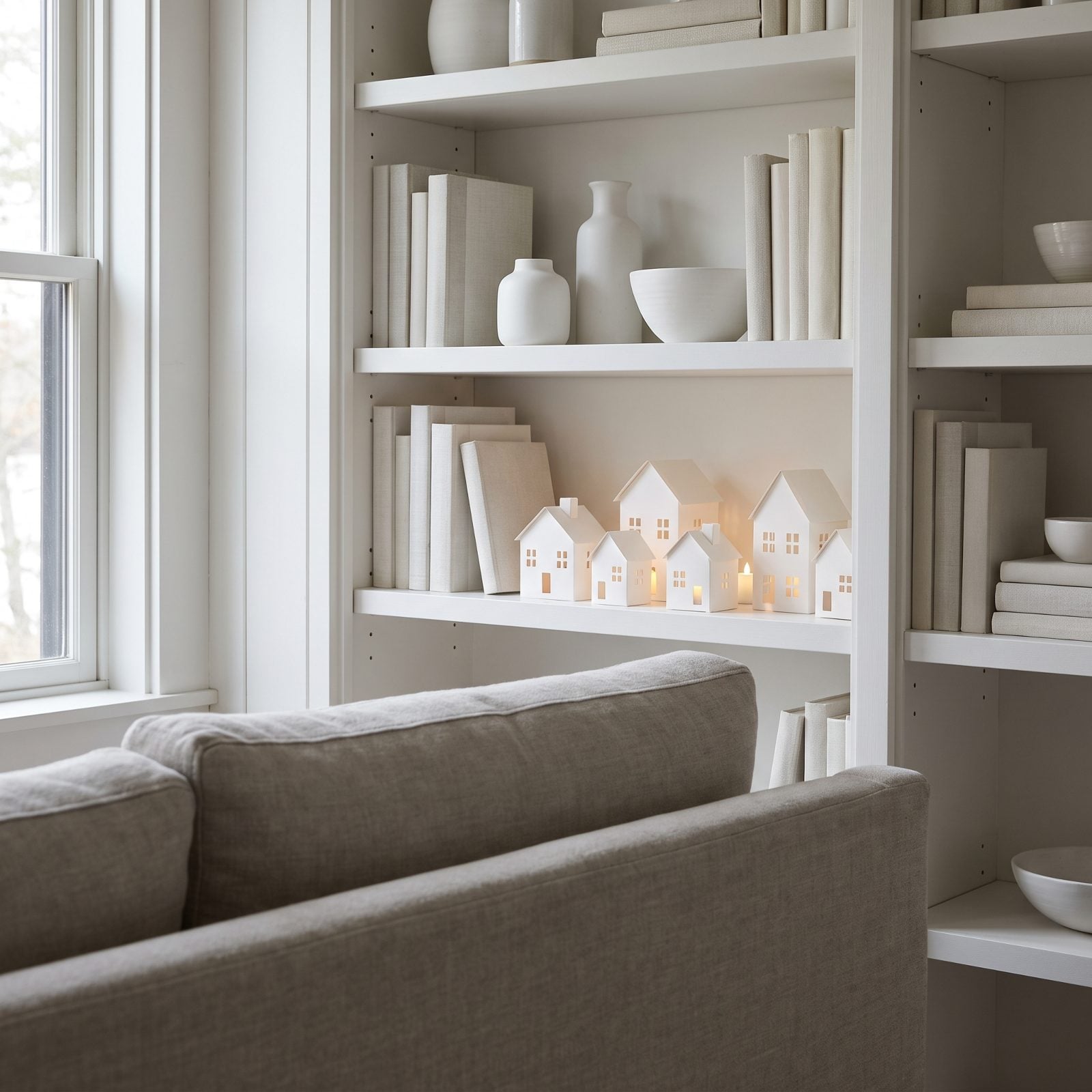 A Paper Village Hiding Among White Built-In Shelves