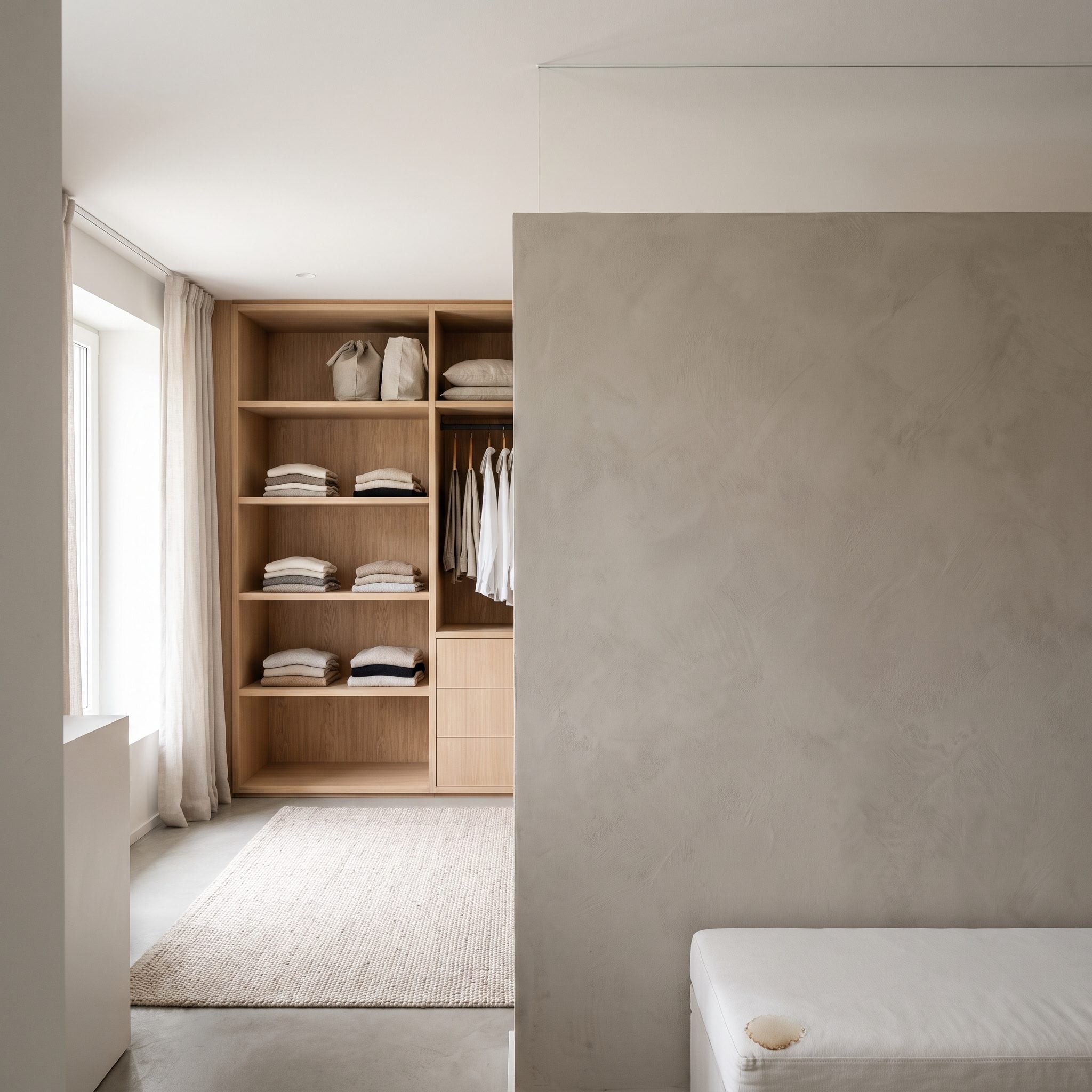 Bedroom with a partial-height partition separating the sleeping area from graphite wardrobes