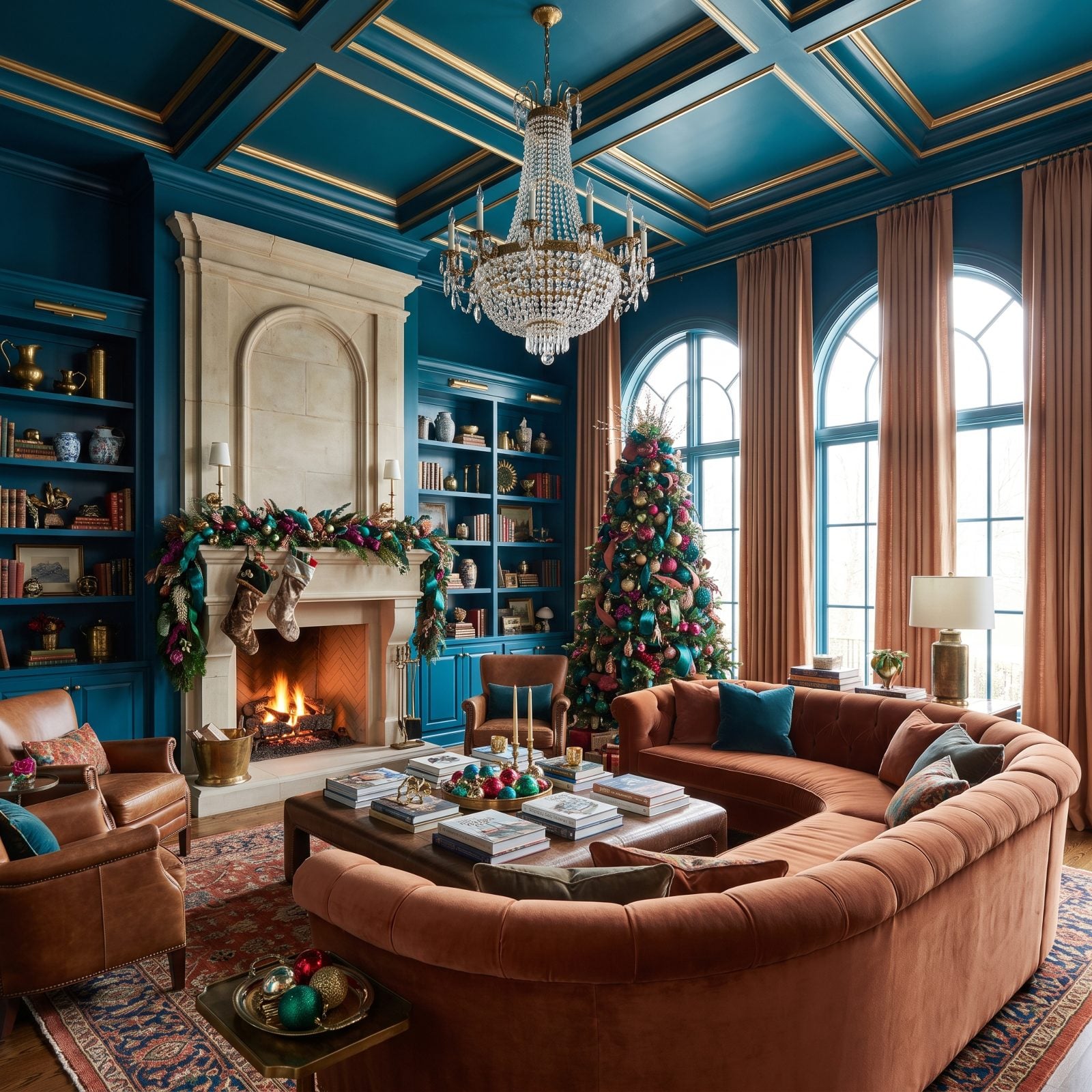 Peacock Blue and Clay: A Jewel-Toned Christmas Great Room