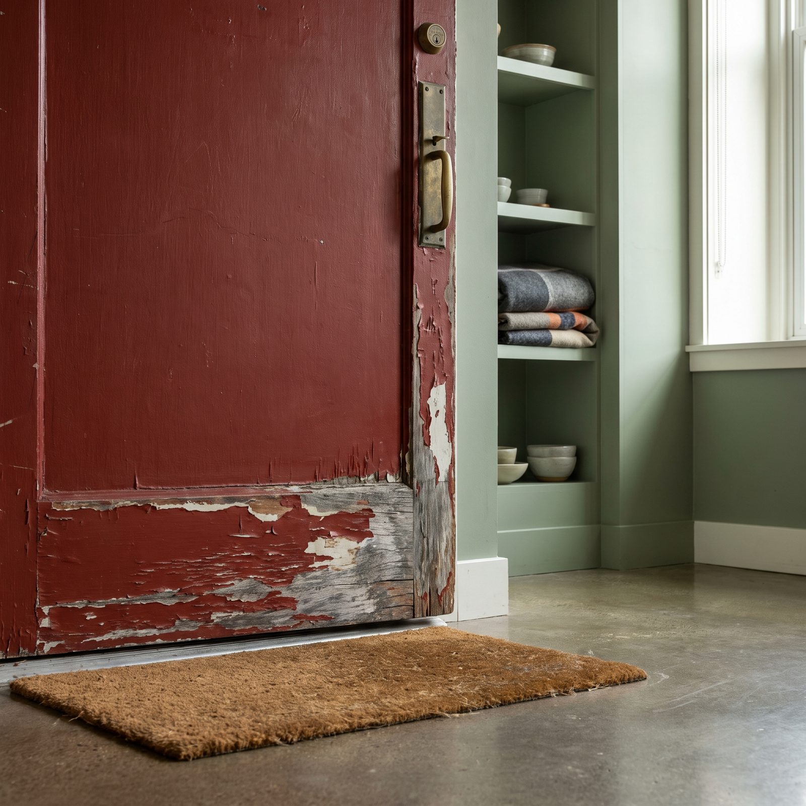 Dark red wooden front door with paint peeling along the bottom rail and frame, showing bare wood.