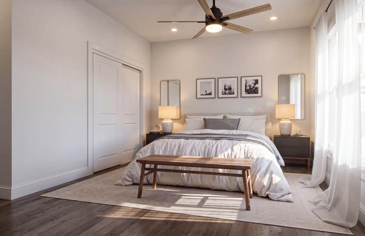 Ceiling Fan, Wood Bench, Morning Light: This Bedroom Has Its Priorities Straight